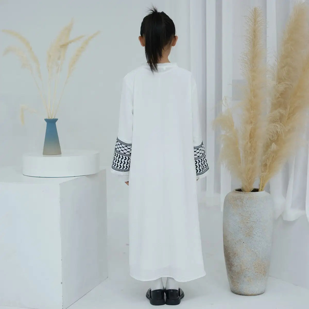 Muslim Mother Daughter Matching Abaya Dress with Embroidery & Tassel Sleeves - Elegant Cardigan Open Design for Women & Girls - Perfect for Eid, Ramadan, Wedding & Special Occasions