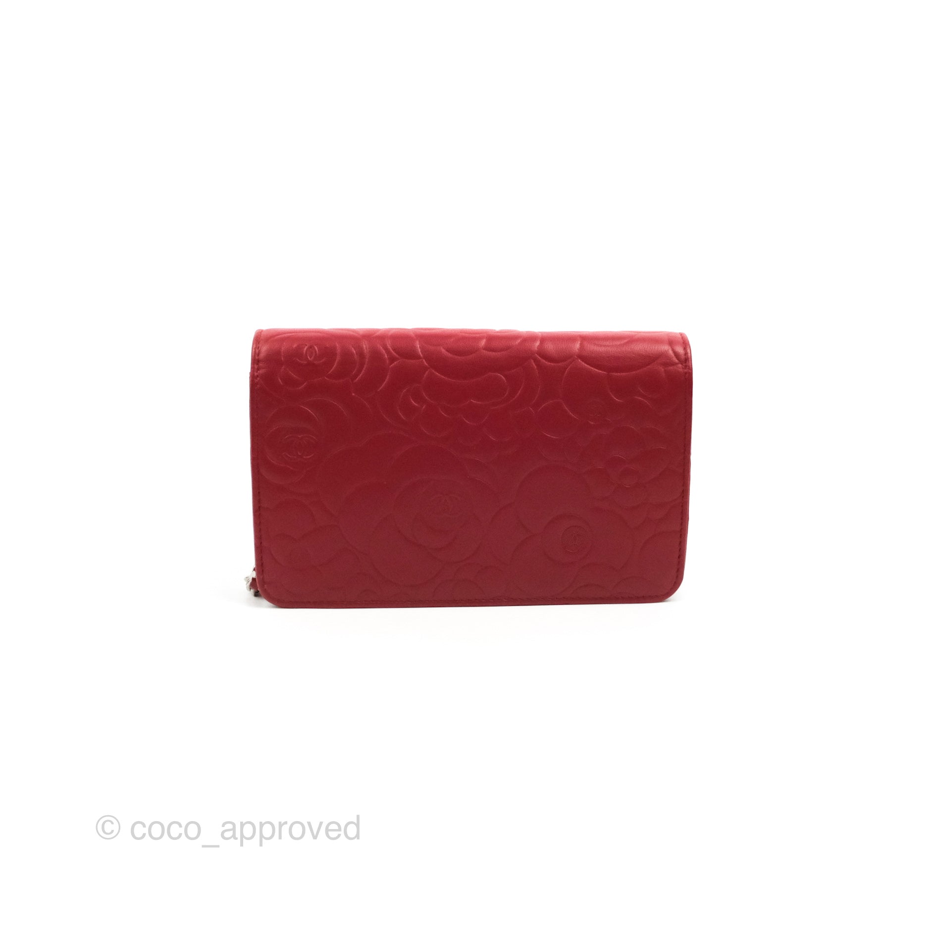 Chanel Camellia Embossed Wallet on Chain WOC in Red Lambskin with Silver Hardware - Luxury Crossbody Bag for Women, Perfect for Evening Events & Date Nights