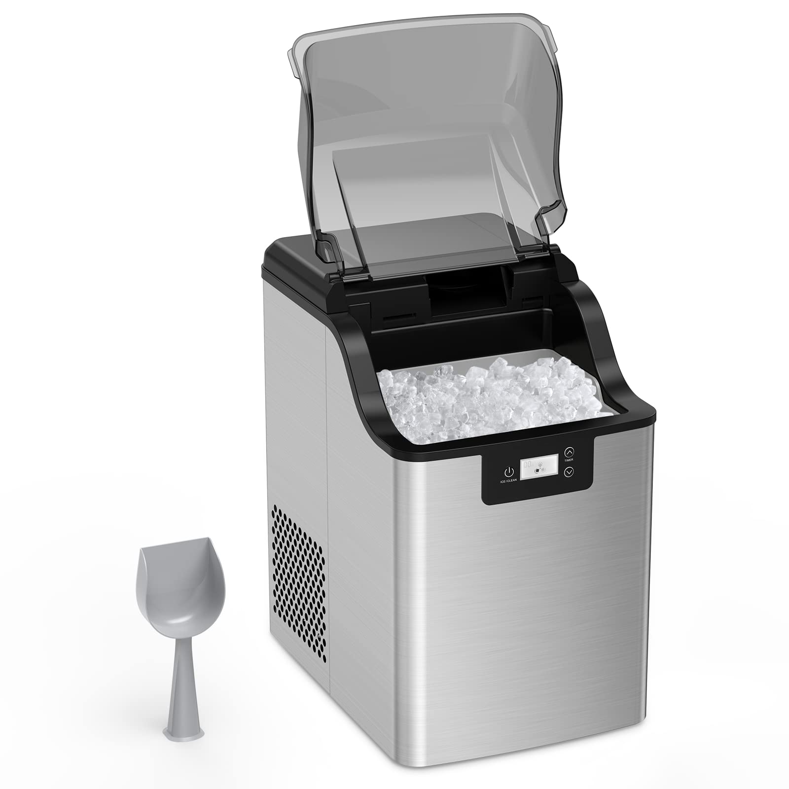 Acekool Countertop Nugget Ice Maker Machine - 30lbs/Day, 3Qt Water Reservoir, Self-Cleaning, Stainless Steel - Perfect for Home, Office, Bar, Parties & Outdoor Gatherings - Silver