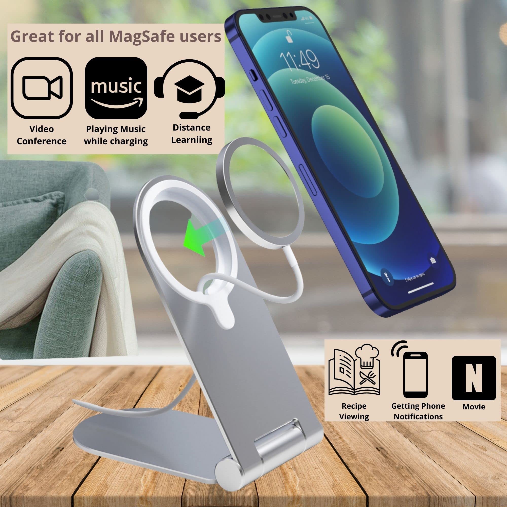 Aporia MagSafe Charger Stand Compatible with iPhone 12/13/14 Mini Pro Max Plus - Portable Foldable Adjustable Magnetic Wireless Charging Base Pad (Grey) | Perfect for Home, Office & Travel Use