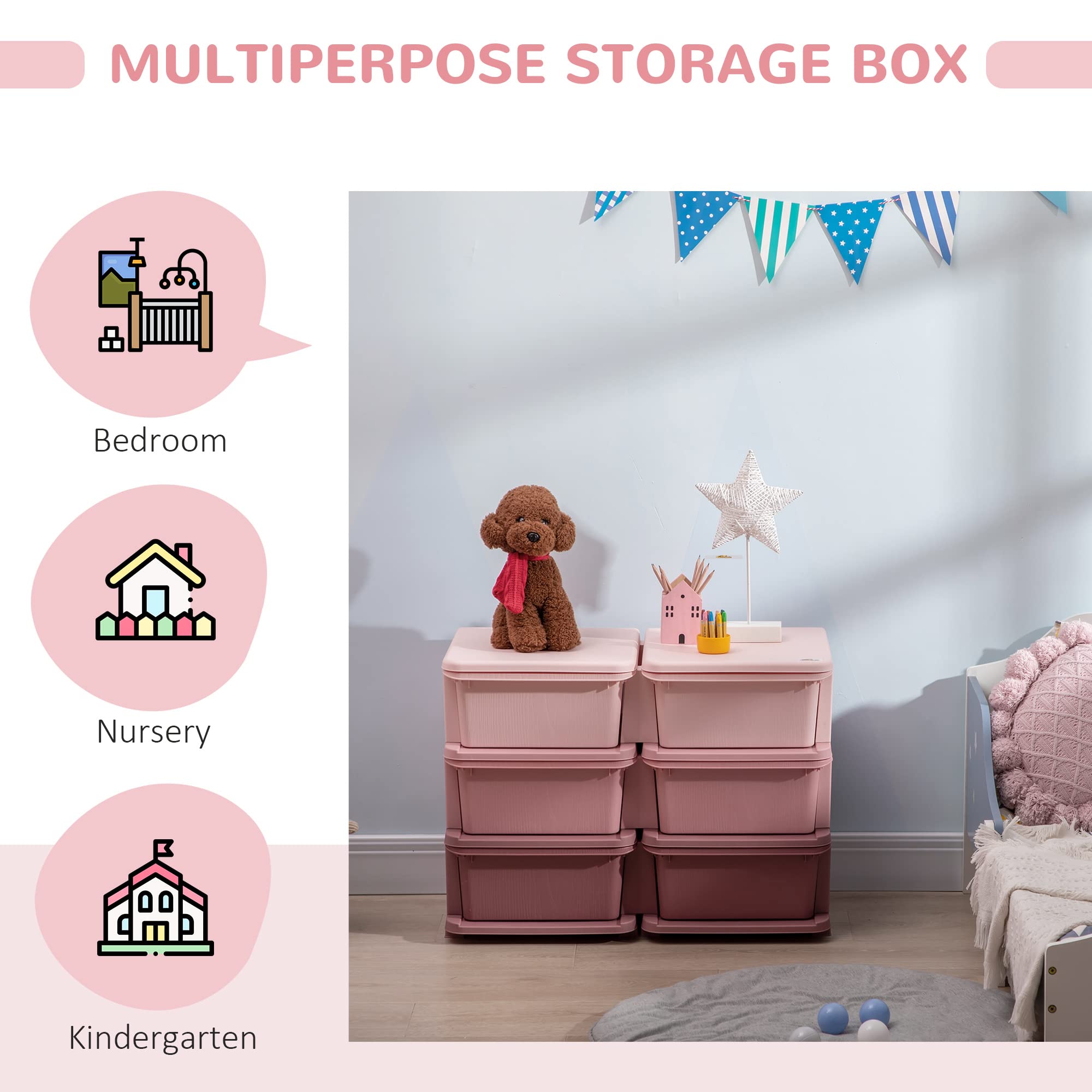 Qaba 3-Tier Kids Storage Unit with 6 Drawers - Toy Organizer with Plastic Bins for Boys & Girls - Nursery, Bedroom, Kindergarten & Living Room Storage Solution - Perfect for Toys, Books & Clothes (Pink)