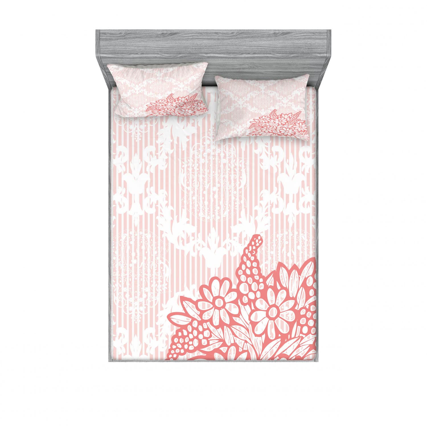 Ambesonne 2-Piece Coral Fitted Sheet Set with 4 Pillow Shams - Queen Size Antique Royal Bouquet Floral Bedding in Pale Pink | Luxury Bedroom Decor for Master Suite, Guest Room & Vacation Homes
