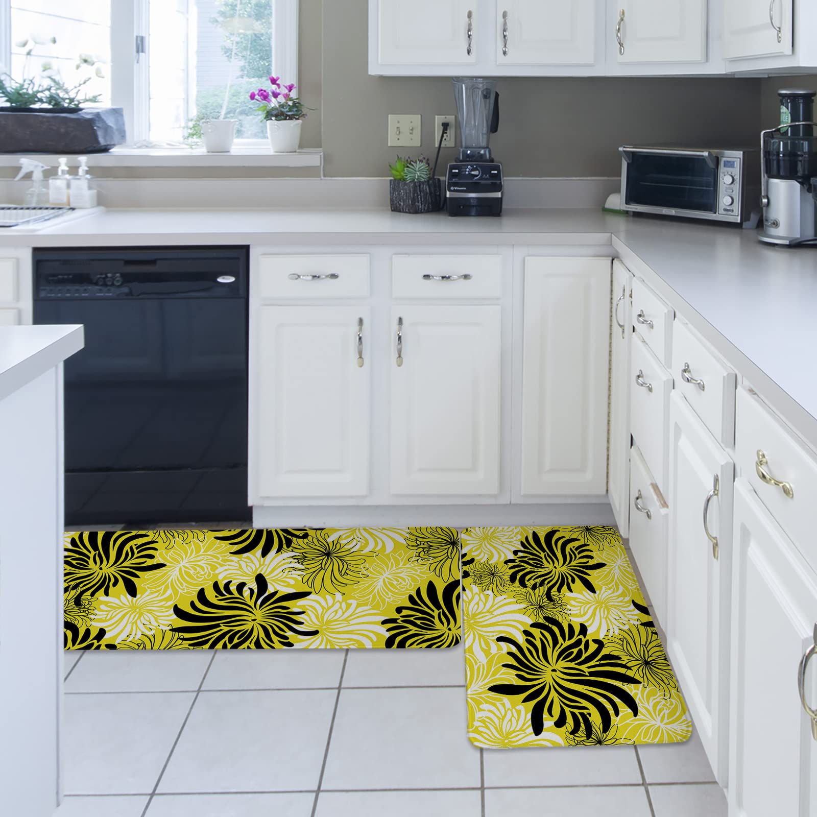 2-Pack Black & White Chrysanthemum Kitchen Rugs - Non-Slip Absorbent Floor Mats for Kitchen, Bathroom, Living Room & Laundry - Fall Decor Runner Set with Yellow Backdrop | Perfect for Home Decor, Holiday Gifts & Cozy Autumn Vibes