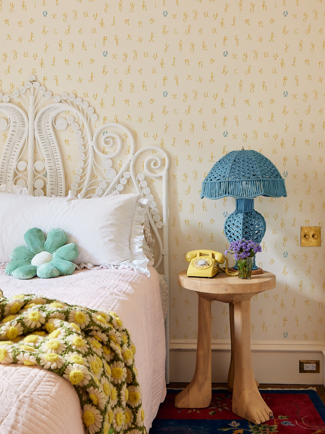 LF Alphabet Wallpaper by Lingua Franca - Marigold with Blue Accent Letters | Nursery Decor, Kids Room Wallpaper, Playroom Design