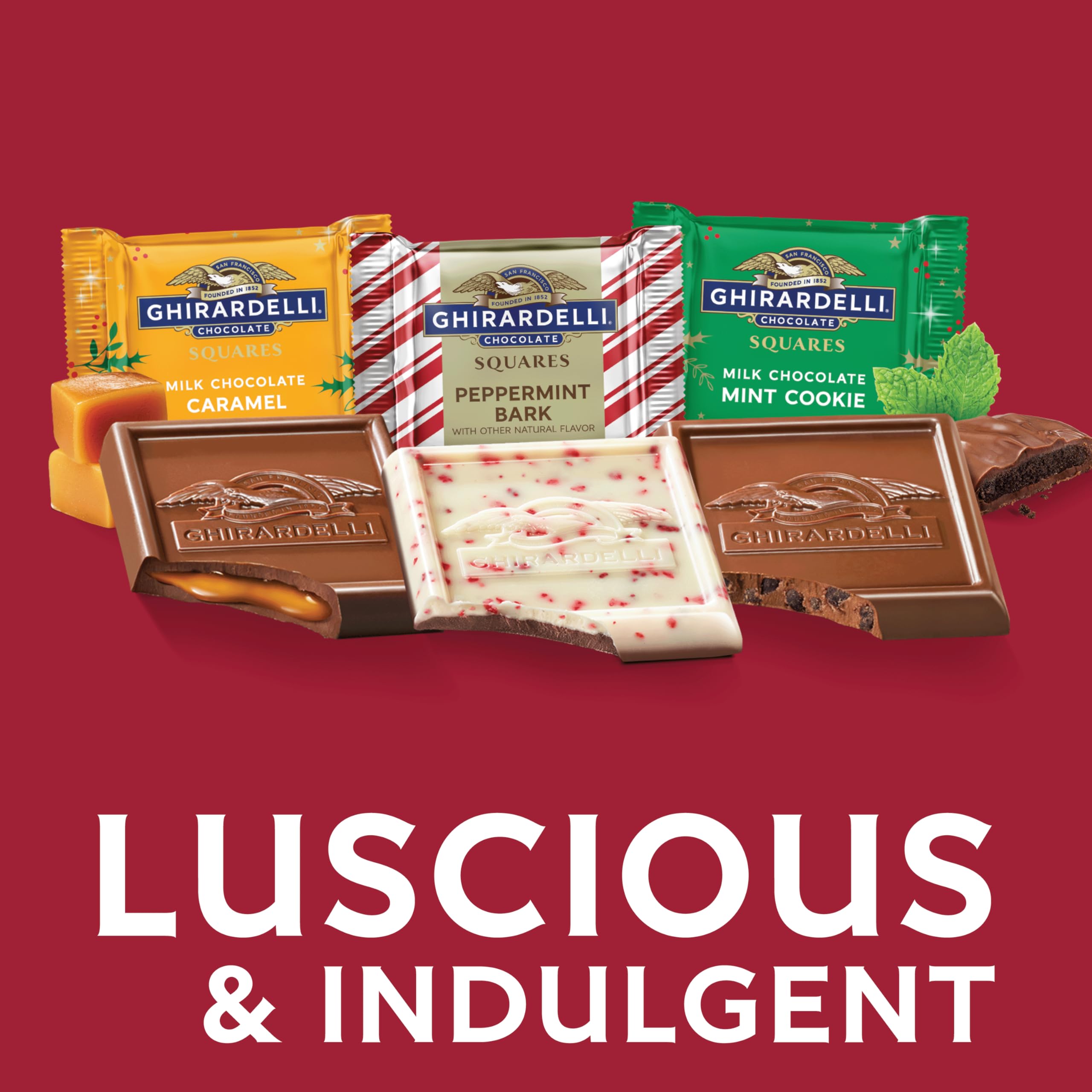 Ghirardelli Holiday Assorted Chocolate Squares Bag - 7.5oz Milk Chocolate Caramel, Peppermint Bark & Gingerbread Cookie | Limited Edition Gift for Christmas, Stocking Stuffers & Party Favors