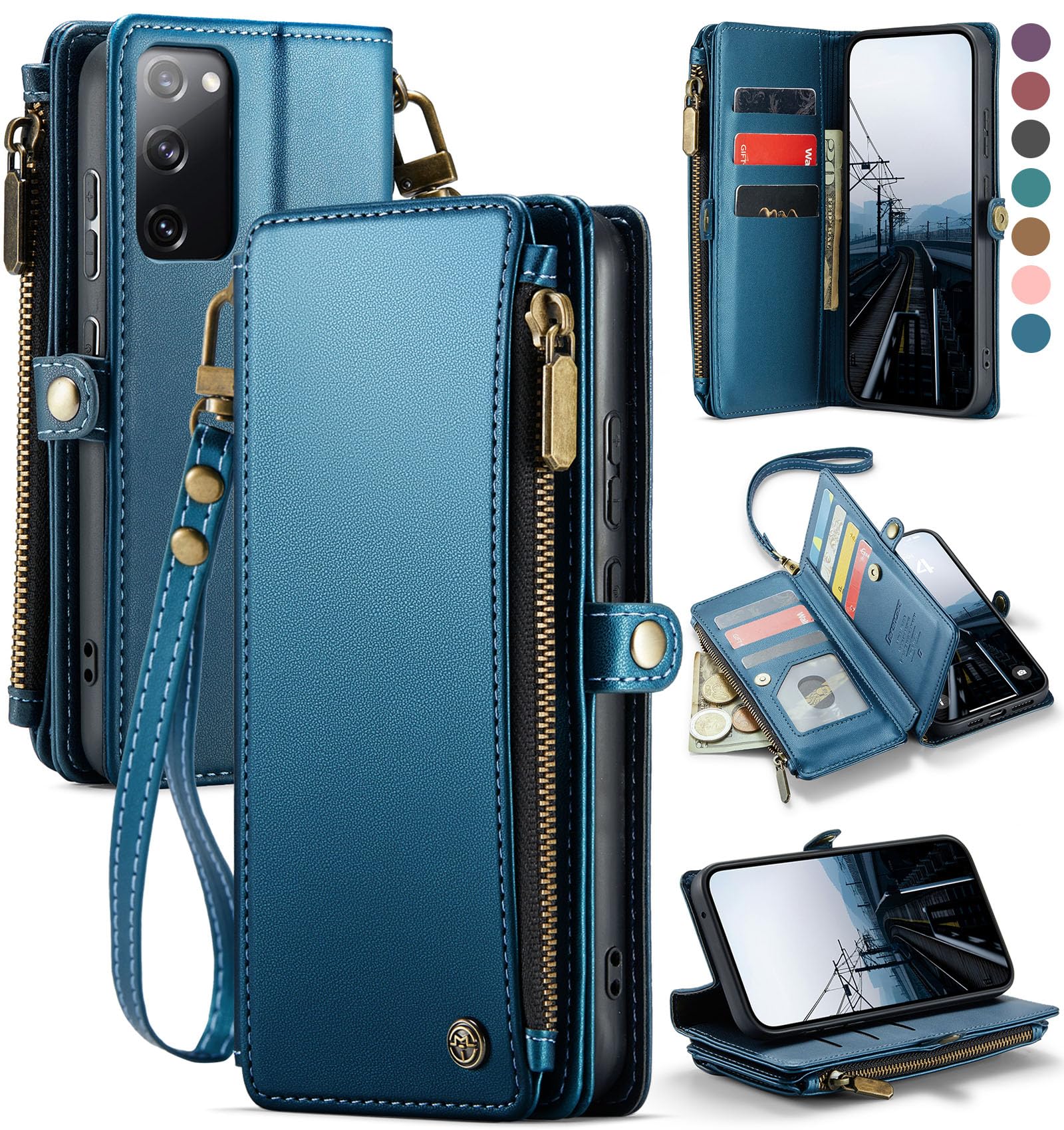 RFID Blocking PU Leather Wallet Case for Samsung Galaxy S20 FE 5G - Magnetic Snap Flip Cover with Card Holder & Zipper Pocket | Perfect for Daily Use, Travel, and Secure Contactless Payment Protection (Dark Blue)