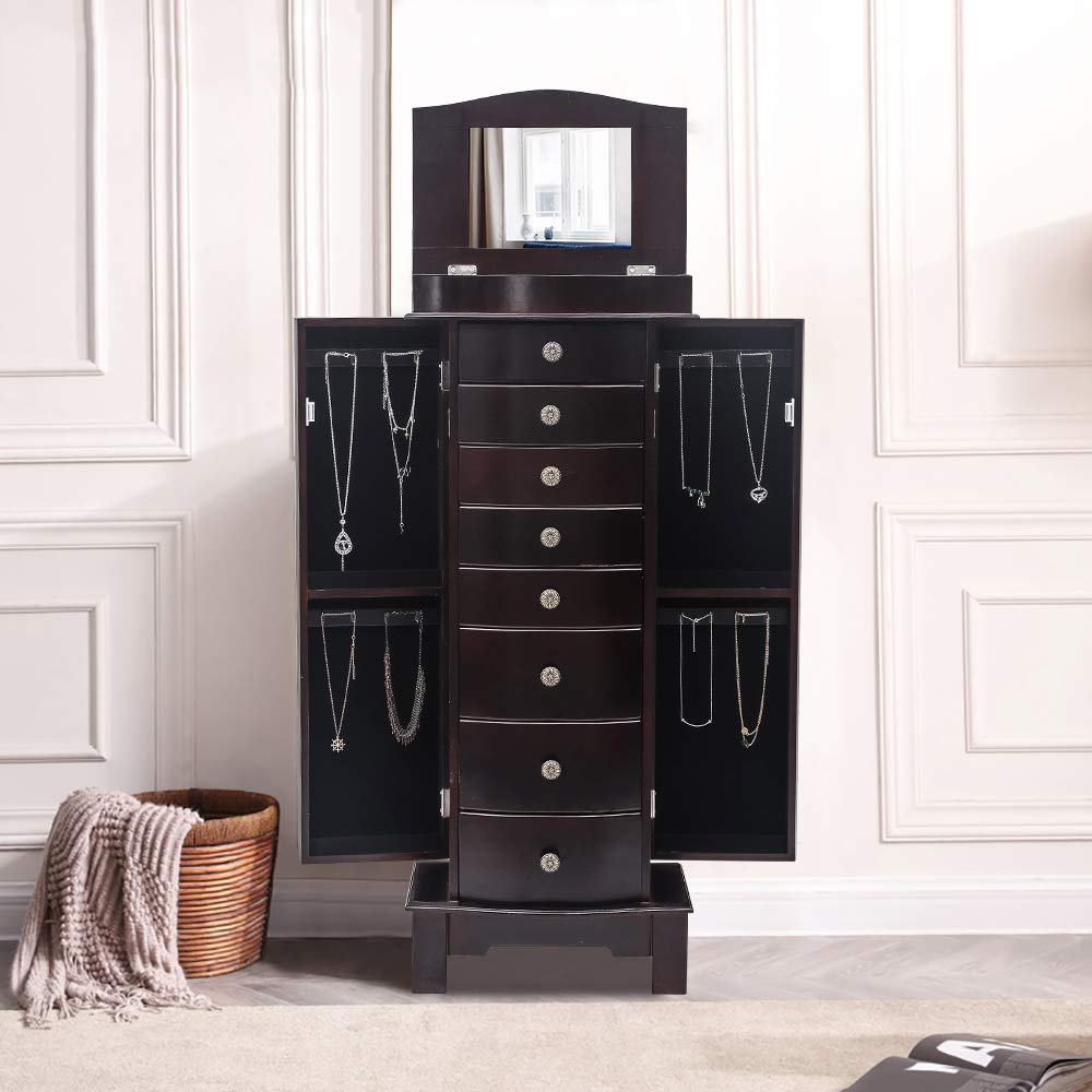 Large Standing Jewelry Armoire Cabinet with 8 Drawers & 2 Doors - 16 Necklace Hooks, Makeup Mirror & Storage Organizer for Bedroom, Closet or Dressing Room (Brown)
