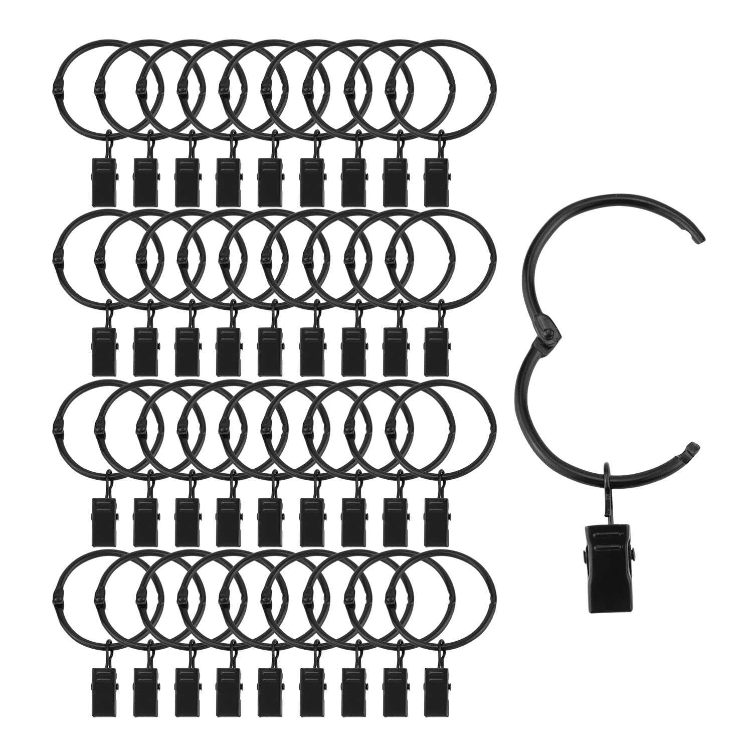 36 Pack Openable Curtain Rings with Clips - 2 Inch Metal Hangers for Heavy Duty Drapes - Rust Proof Black Curtain Rod Rings - Perfect for Vintage & Decorative Window Treatments in Living Room, Bedroom