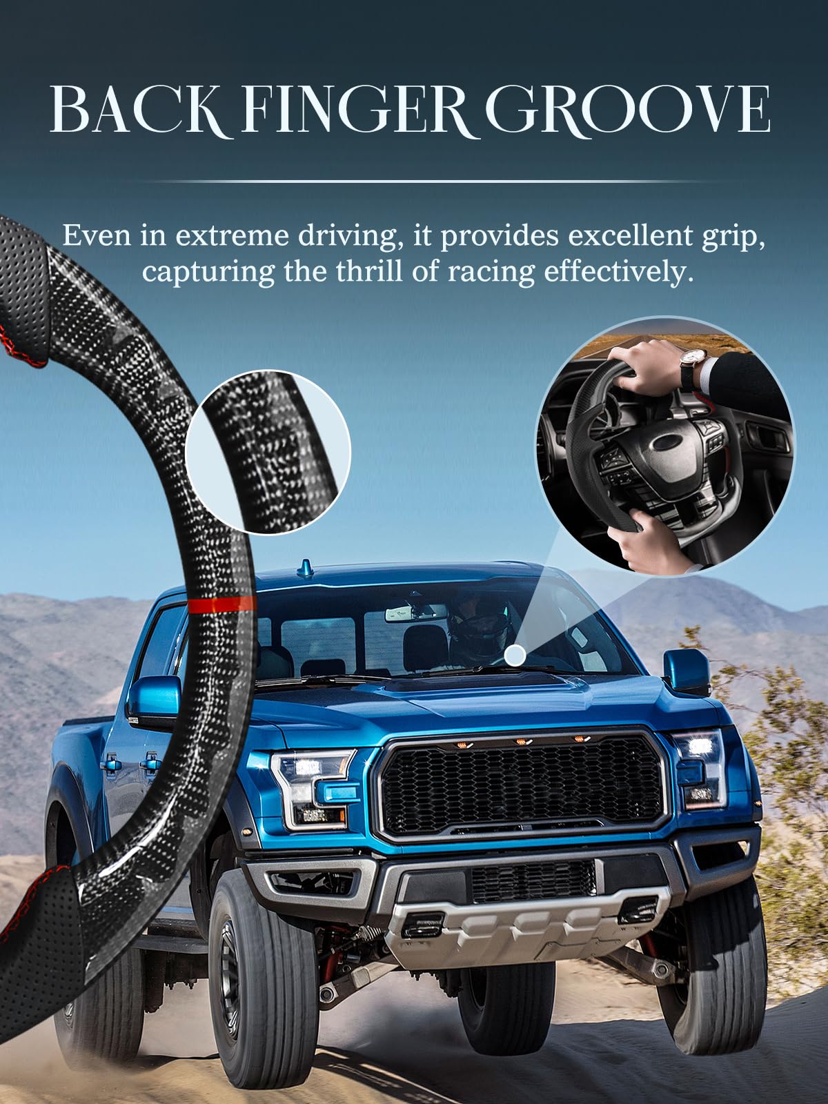 Carbon Fiber Steering Wheel for Ford Raptor 2015-2020 | D-Shaped Flat-Bottom Design | Perforated Leather Grip & Hand-Stitched | Compatible with Paddle Shifters | Upgrade Your Off-Road Driving Experience