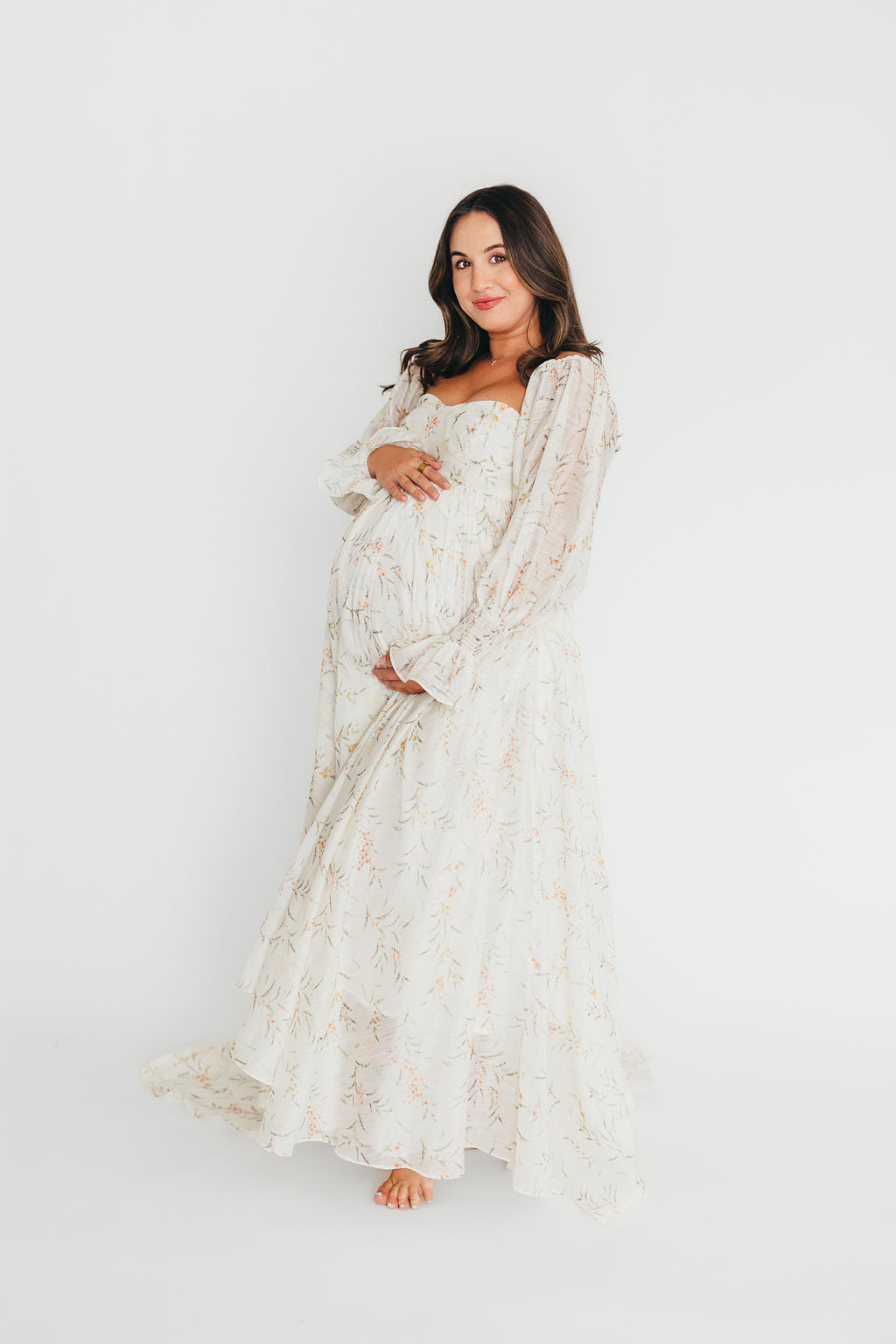 Delilah Cream Floral Maternity Dress with Train - Bump Friendly Wedding Guest Dress for Baby Showers & Special Occasions