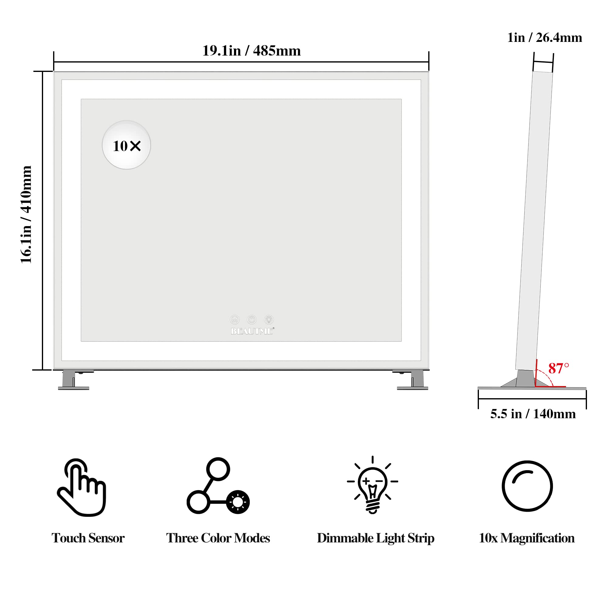 BEAUTME Hollywood Vanity Mirror with LED Lights, 10X Magnifying Mirror, Touch Control, 48.5x40.5cm Silver - Perfect for Makeup, Skincare & Dressing Table Beauty Routine