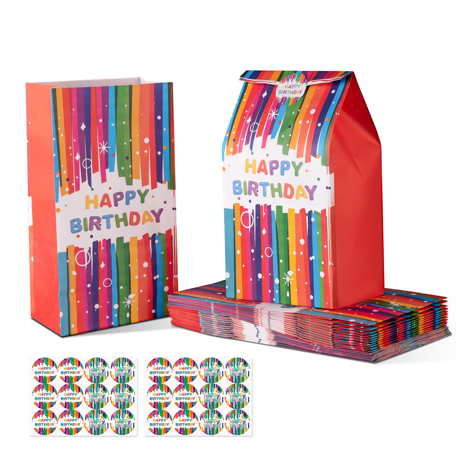 24 Pack Happy Birthday Party Favor Bags - Eco-Friendly Kraft Paper Goodie Bags for Candy, Gifts & Treats | Perfect for Kids Birthday Party Decorations & Supplies (Girls & Boys) | Great for Classroom Celebrations, Baby Showers & Holiday Events