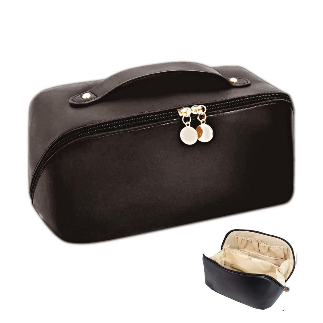 PHILLIN Large Capacity Travel Makeup Bag for Women - PU Leather Cosmetic Organizer Pouch with Dividers, Handle & Wide Opening - Perfect for Makeup Storage, Travel Essentials & Toiletry Organization (Black)