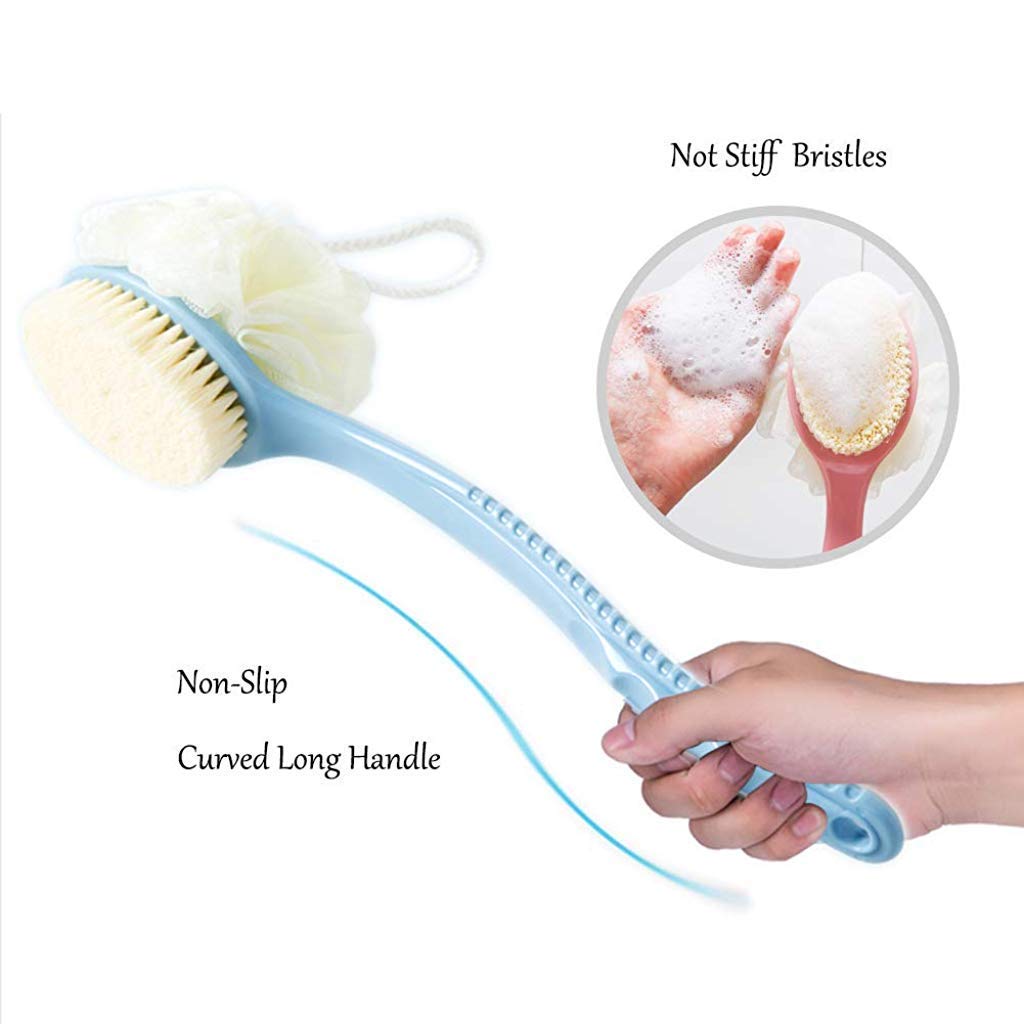 Jemei Exfoliating Back Scrubber Brush with Loofah & Curved Handle - Dry Brushing Body Brush for Shower & Bath - Skin Care Brush for Men & Women (Pink/Blue) - Perfect for Spa Days & At-Home Exfoliation