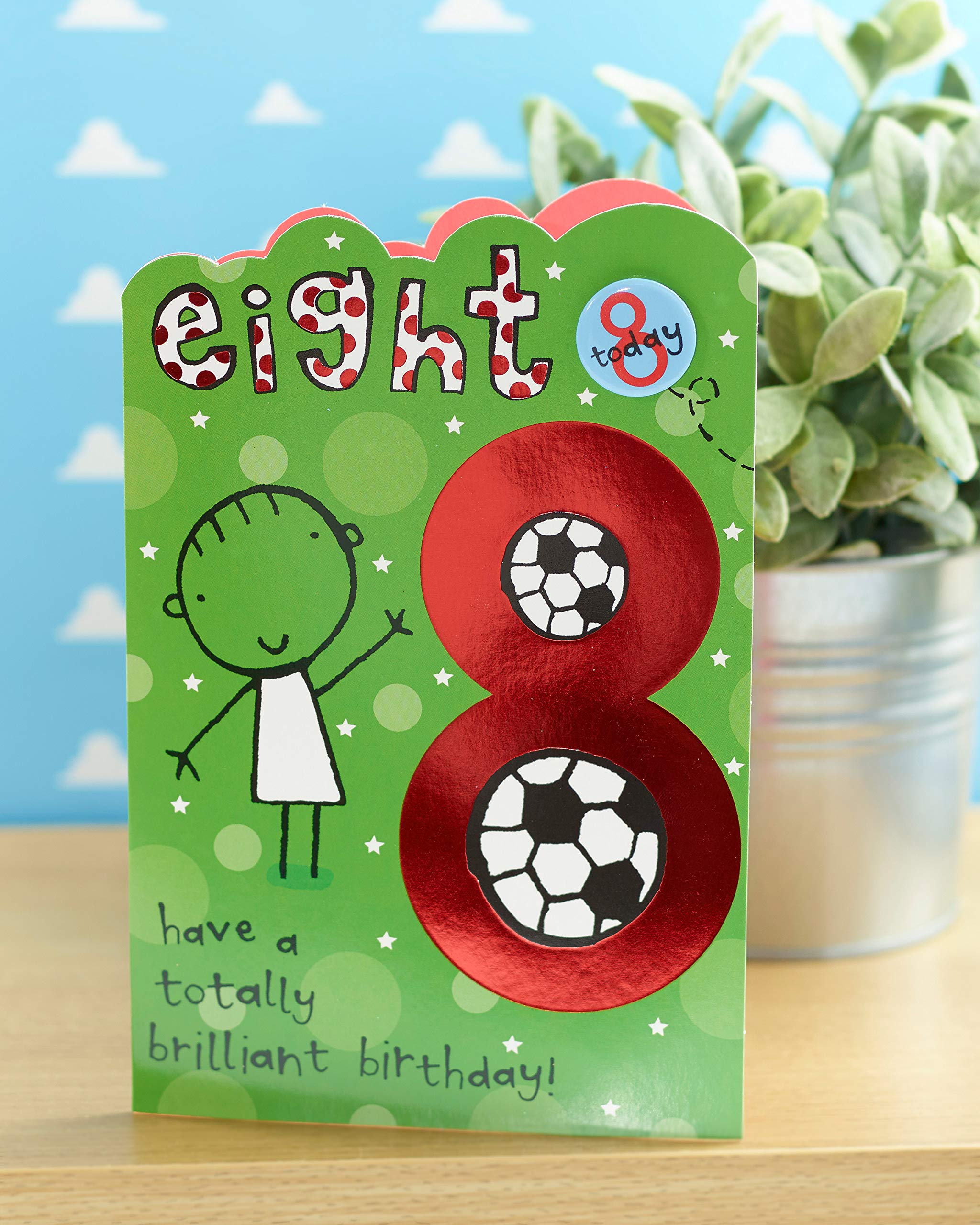 8th Birthday Card for Boys - Football Themed Birthday Greeting Card with Badge - Perfect for 8 Year Old's Birthday Party & Soccer Lover Gifts