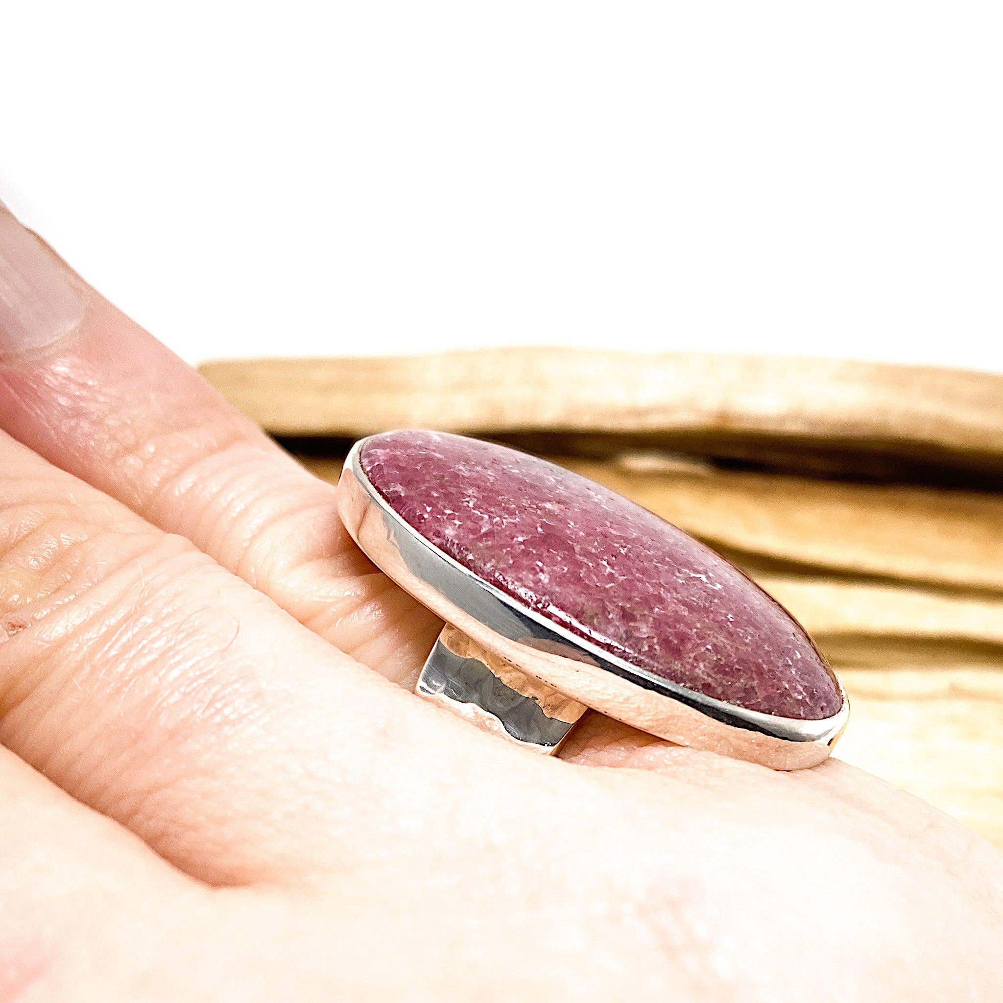 Natural Rhodonite Large Oval Ring with Handmade Beaten Band - Size 7.5 - KRGJ696 - Perfect for Spiritual Healing, Meditation & Boho Fashion Jewelry