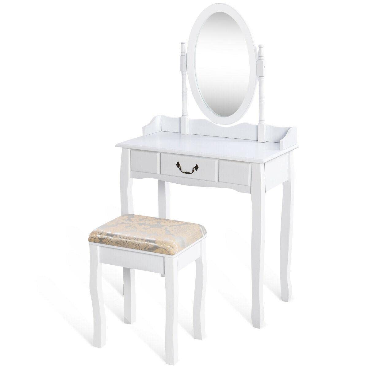 CompreDH White Vanity Table Makeup Desk with Stool & Drawers - Portable Dressing Table for Bedroom, Makeup Vanity Set, Side Table - Perfect for Cosmetics, Jewelry & Skincare Organization
