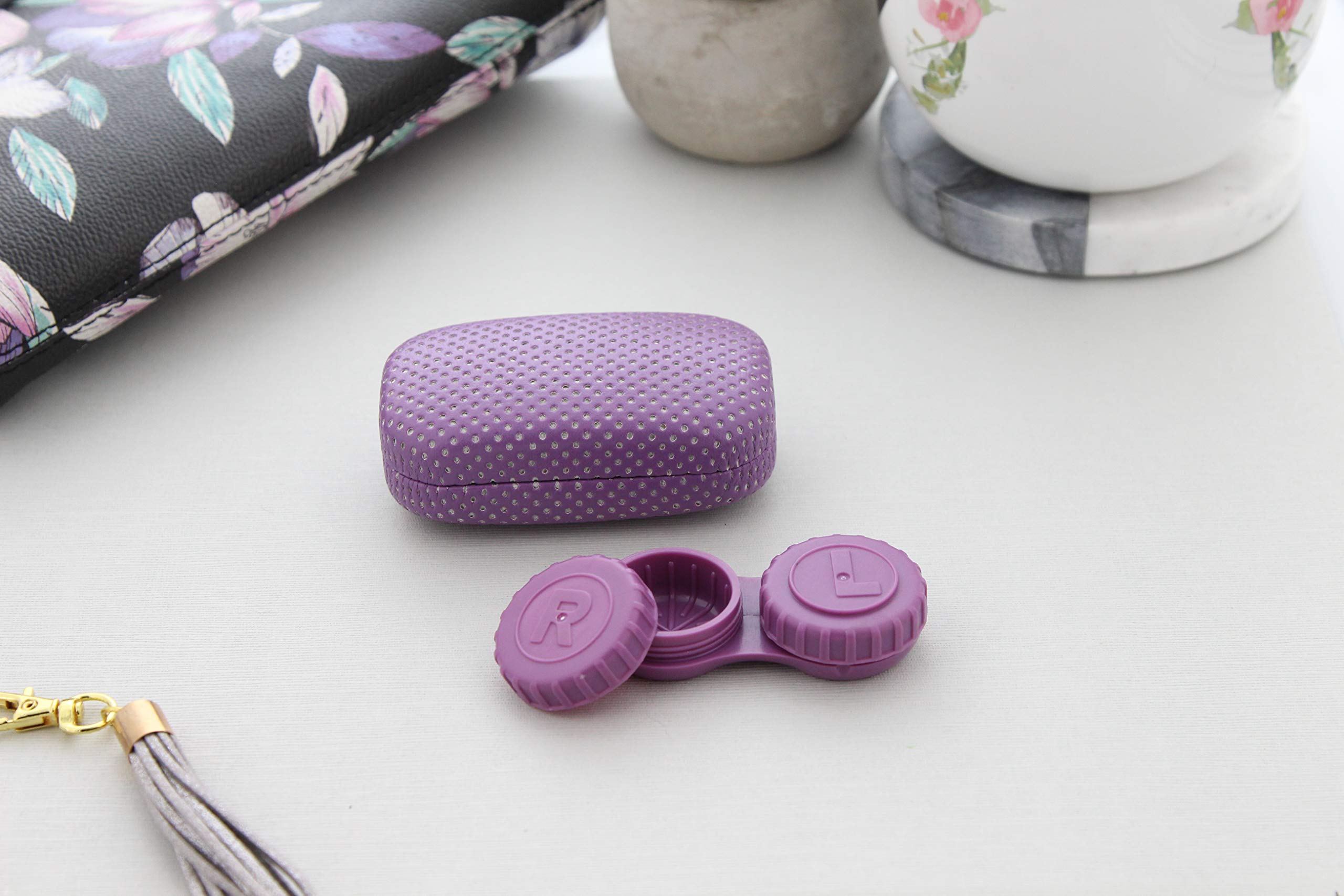 Ron's Optical Hard Mod Contact Lens Case - Purple & White Polka Dot with Mirror for Travel & Storage