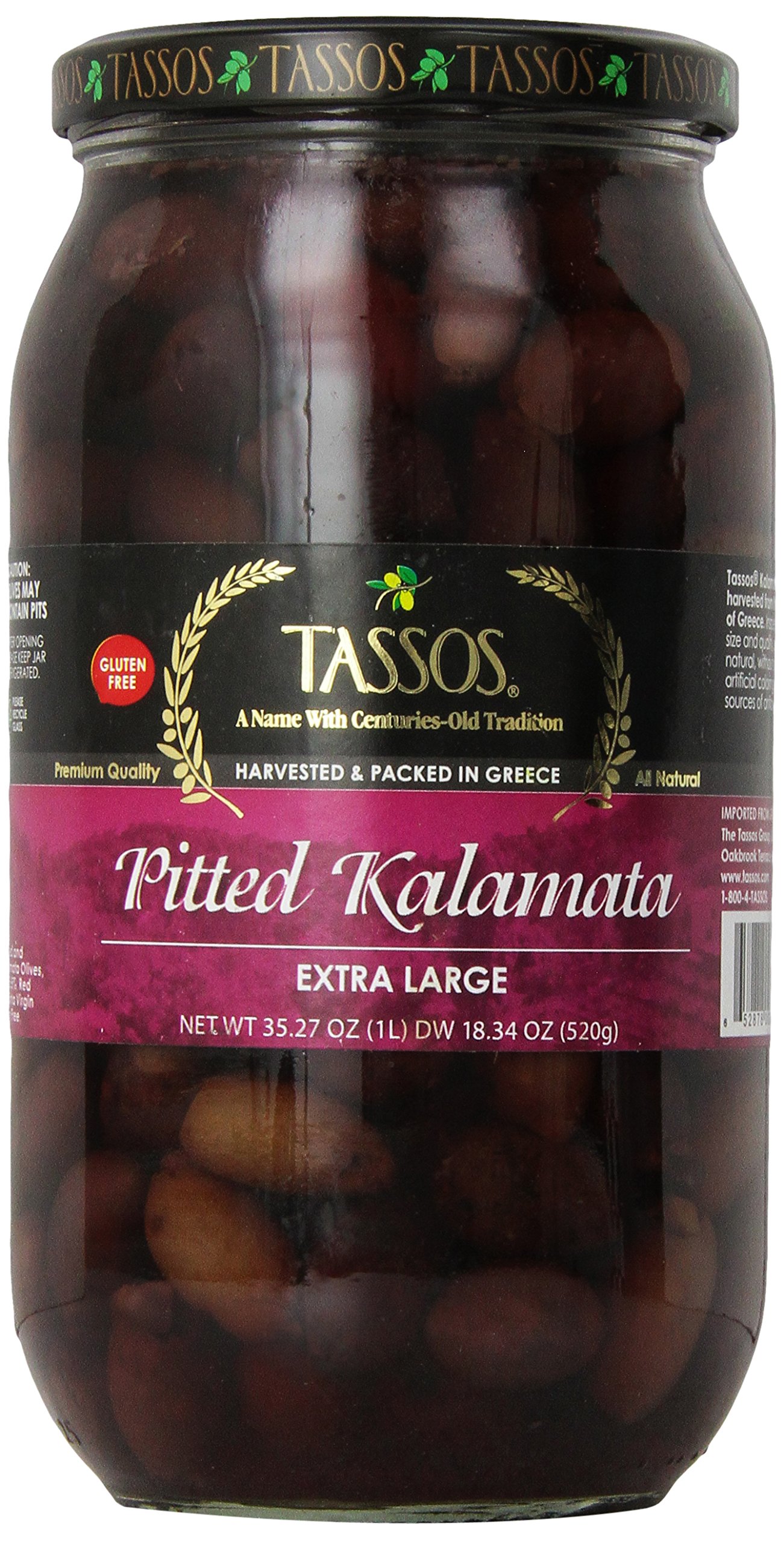Tassos Pitted Kalamata Extra Large Olives, 18.34 Oz Jar - Premium Greek Olives for Salads, Charcuterie Boards & Mediterranean Recipes