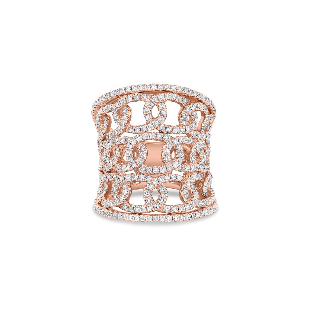 18K Rose Gold 1.85ctw Diamond Wide 3 Row Chain Ring for Women - Elegant Stackable Wedding Band, Anniversary Gift, Everyday Jewelry for Special Occasions