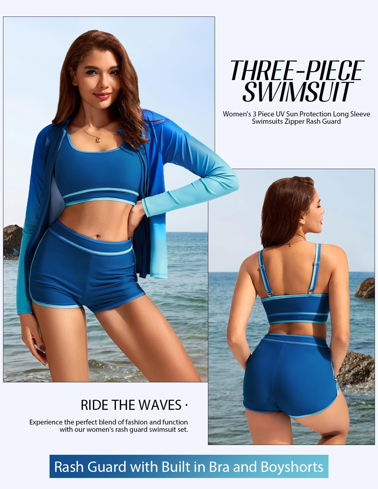 Kate Kasin Women's 3 Piece Rash Guard Long Sleeve Swimsuits - UPF 50+ Sun Protection, Zip Up Swimwear with Built-in Bra & Boyshorts - Quick Dry Swim Shirts for Surfing, Swimming & Beach Activities