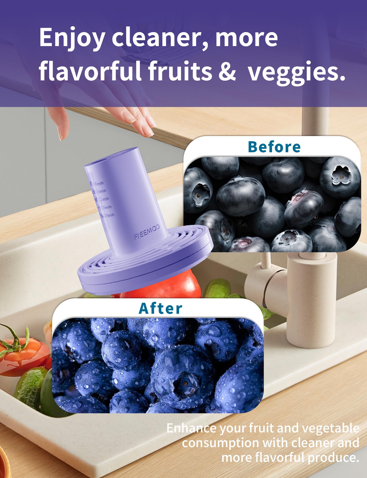 Electric Fruit and Vegetable Washing Machine - Portable Food Cleaner with Fast Electrolytic Water Technology, Large Reaction Area for Cleaning Fruits, Vegetables, Rice, Meat (Purple) | Perfect for Home Kitchen, Organic Food Prep, and Healthy Eating