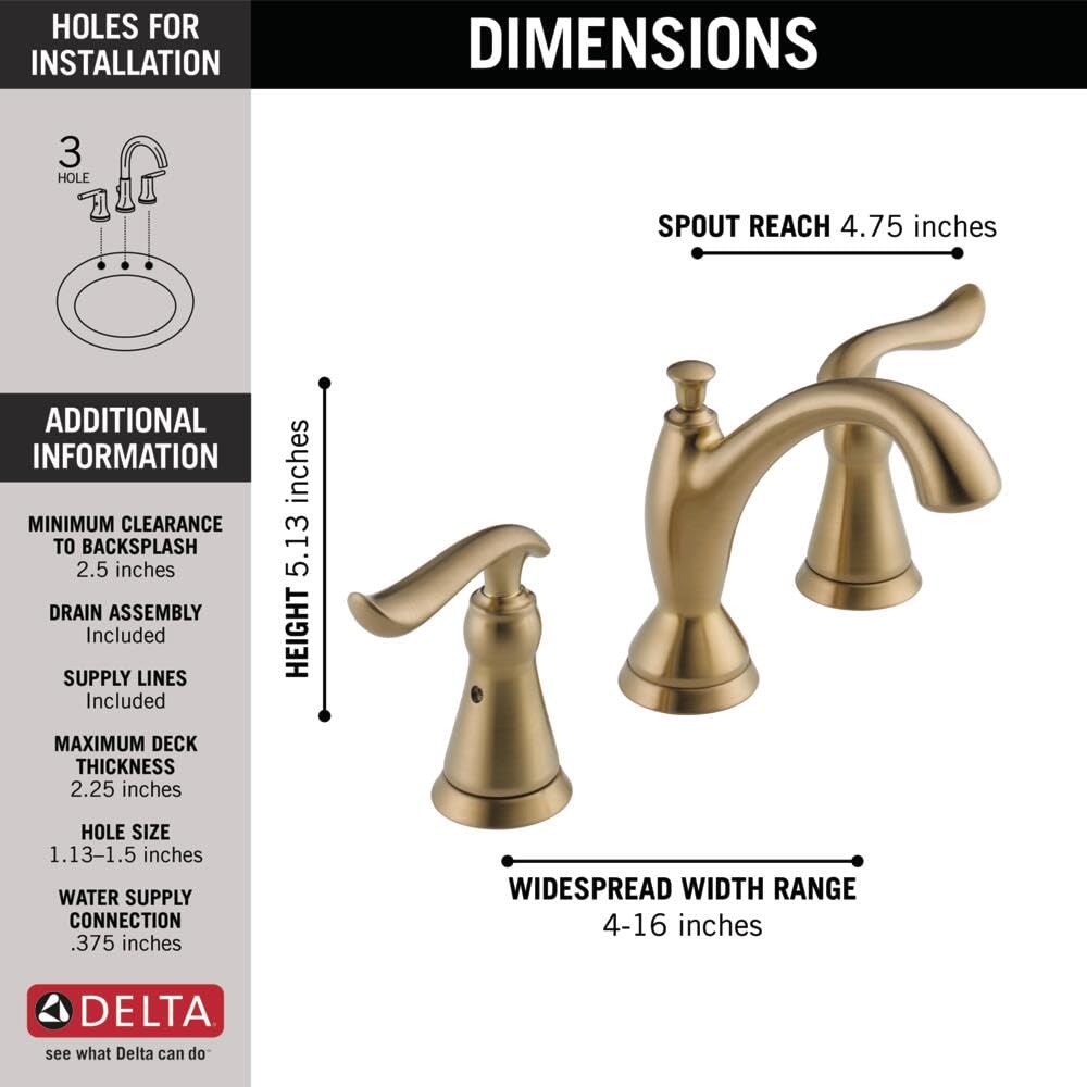 Delta Linden Widespread Bathroom Faucet 3-Hole - Champagne Bronze Gold Bathroom Sink Faucet with Diamond Seal Technology & Metal Drain Assembly (Model 3594-CZMPU-DST) - Perfect for Modern Bathroom Vanities and Powder Rooms