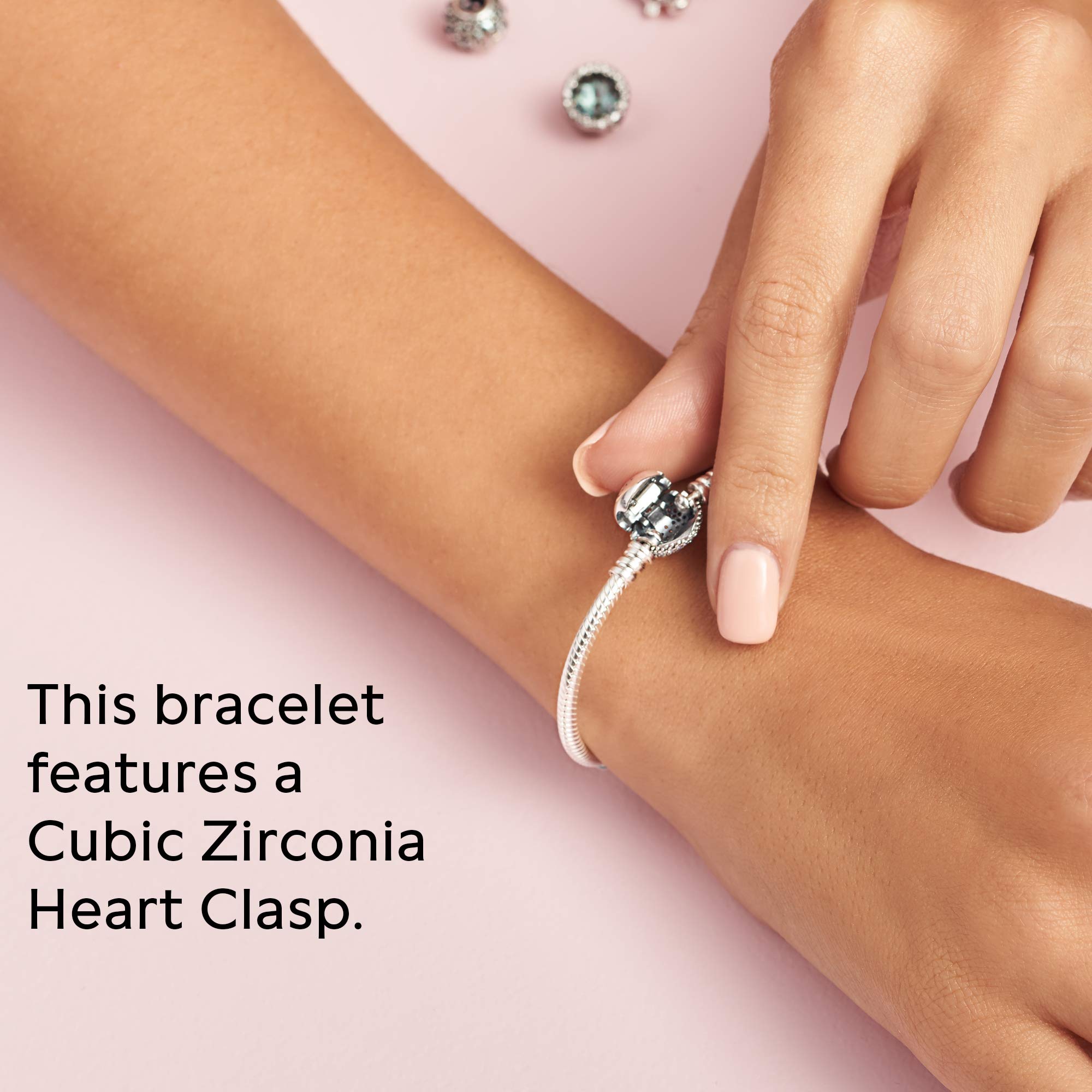 Pandora Sterling Silver Sparkling Heart Clasp Snake Chain Bracelet with Cubic Zirconia Charms | 7.1