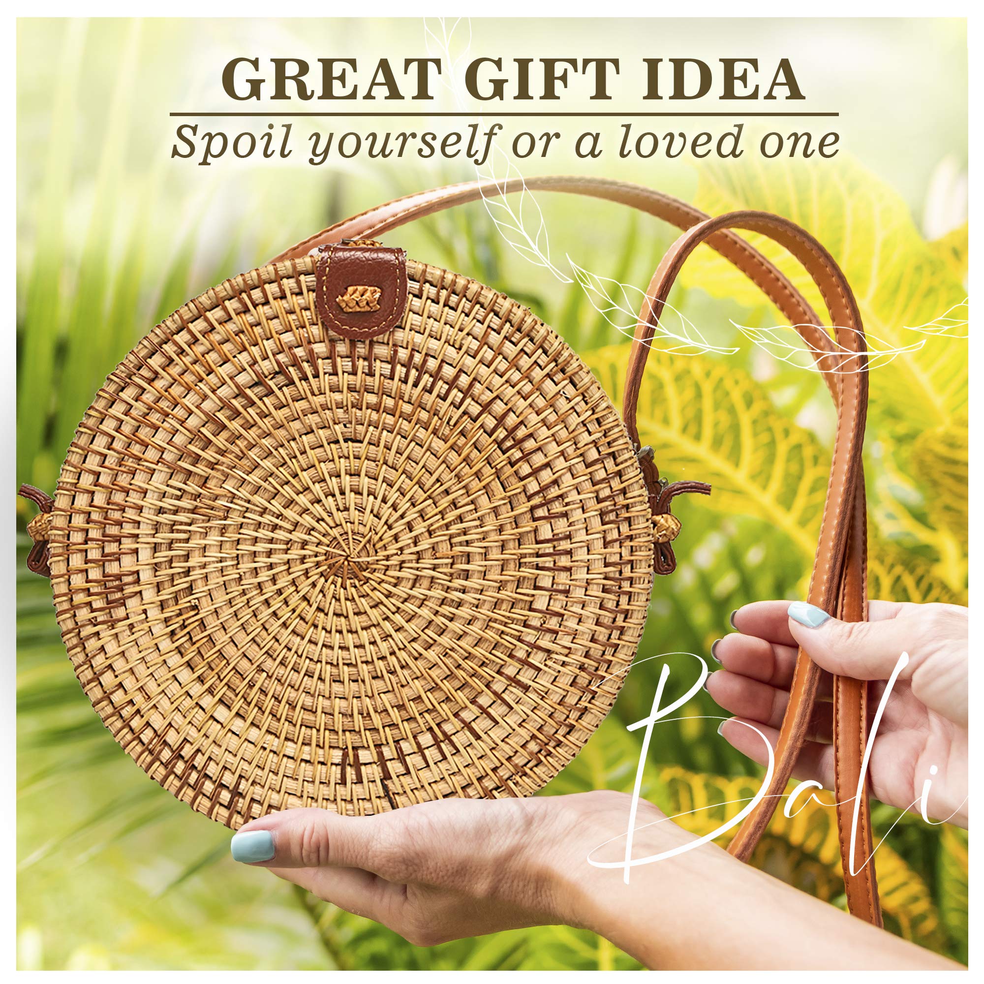 Handwoven Round Rattan Crossbody Bag for Women - Adjustable Strap Straw Handbag (Tan) | Boho Beach Tote, Summer Outing, Vacation Accessory