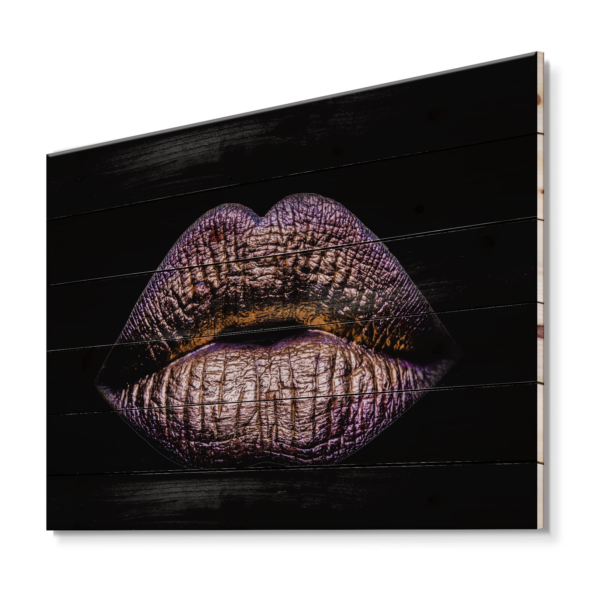 Golden Lips Wood Wall Art - Modern Purple Pine Decor for Living Room