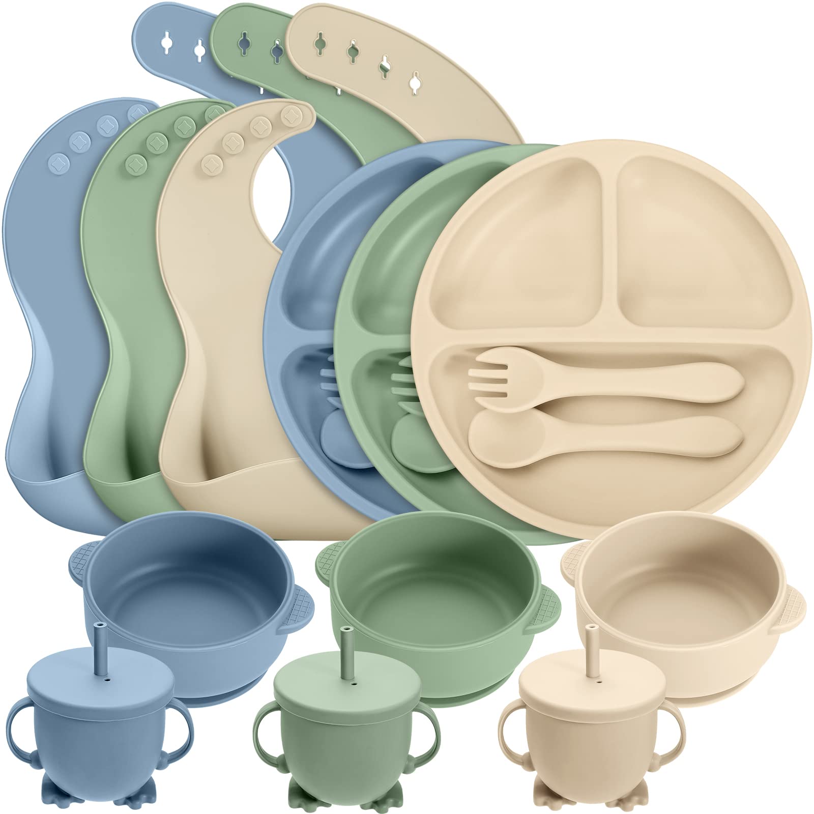 18-Piece Silicone Baby Feeding Set - Adjustable Toddler Bibs, Suction Bowls, Divided Plates, Spoons, Forks & Cups - BPA-Free Infant Dinnerware (Gray Blue, Navy Green, Beige) - Perfect for Mess-Free Mealtime at Home or On-the-Go