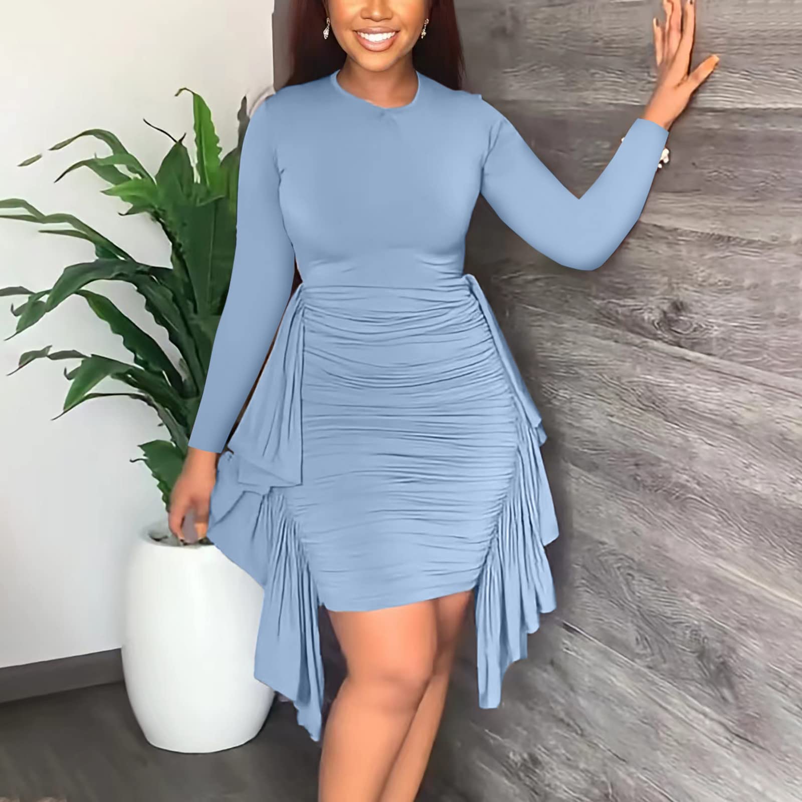 Women's Bodycon Midi Dress - Slim Pencil Dress for Work, Tea Party & Cocktail Events | Long Sleeve Ruffle Ruched Church Dress | Perfect for Office, Date Night & Special Occasions