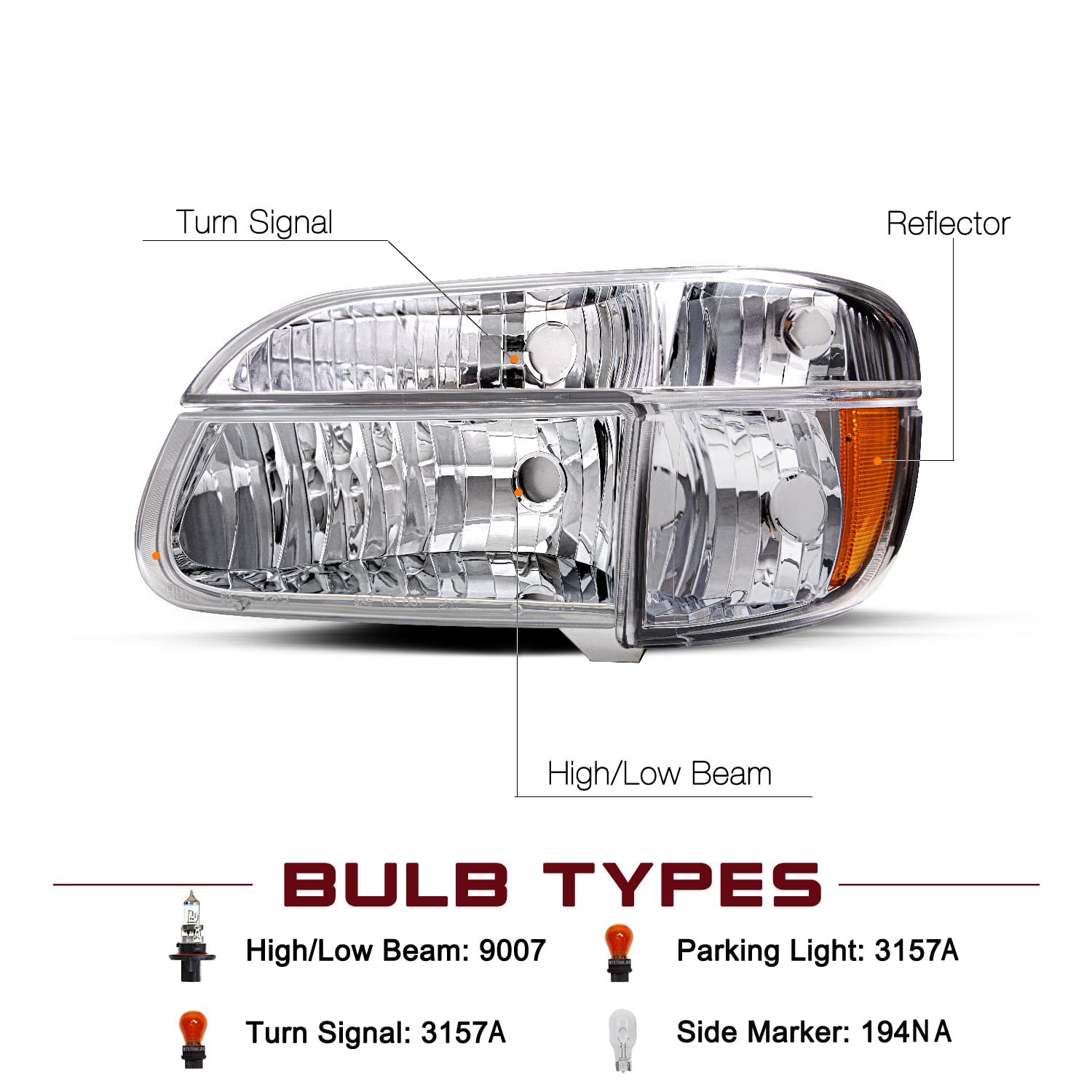 JSBOYAT Headlight Assembly Replacement with Bulbs for 1995-2001 Ford Explorer & 1997 Mercury Mountaineer - Driver & Passenger Side w/Corner Lights (4-Piece Set, Chrome Housing with Amber Reflector) - Perfect for Night Driving & Off-Road Adventures