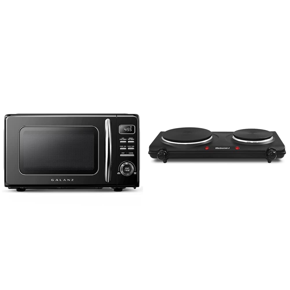 Vintage Galanz Retro Microwave Oven with Elite Gourmet Electric Hot Plate - Compact 2-in-1 Kitchen Combo for Small Spaces, Dorms & Apartments | Quick Heating & Even Cooking | Perfect for Meal Prep, Reheating & Small Batch Cooking