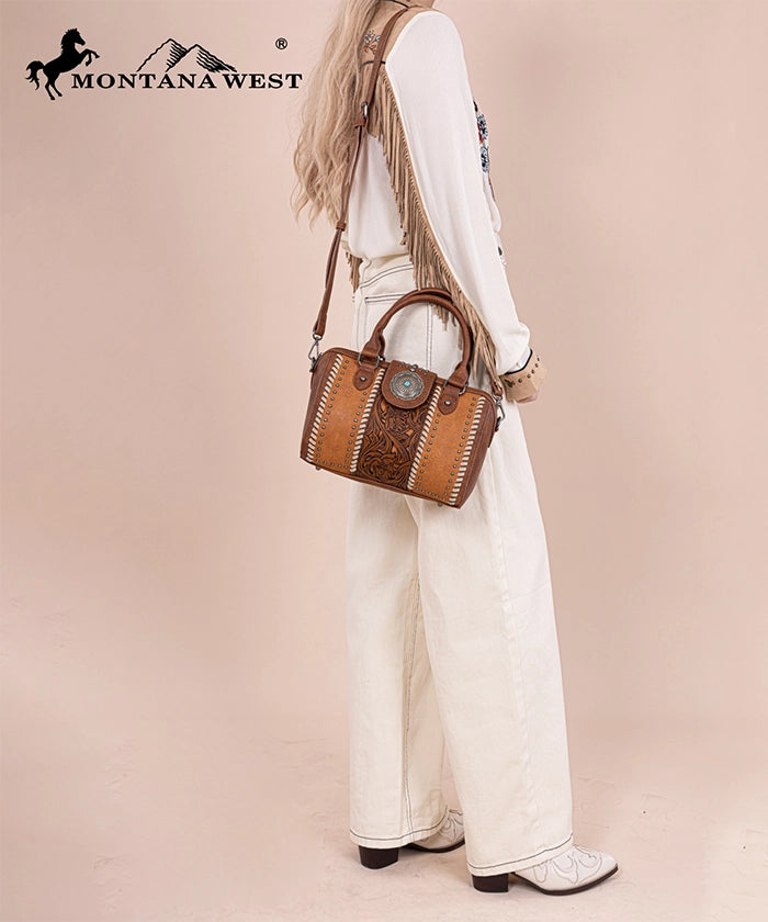 Montana West Genuine Leather Tooled Concho Barrel Satchel Bag for Women - Western Style Crossbody Purse for Cowgirl Fashion & Everyday Use