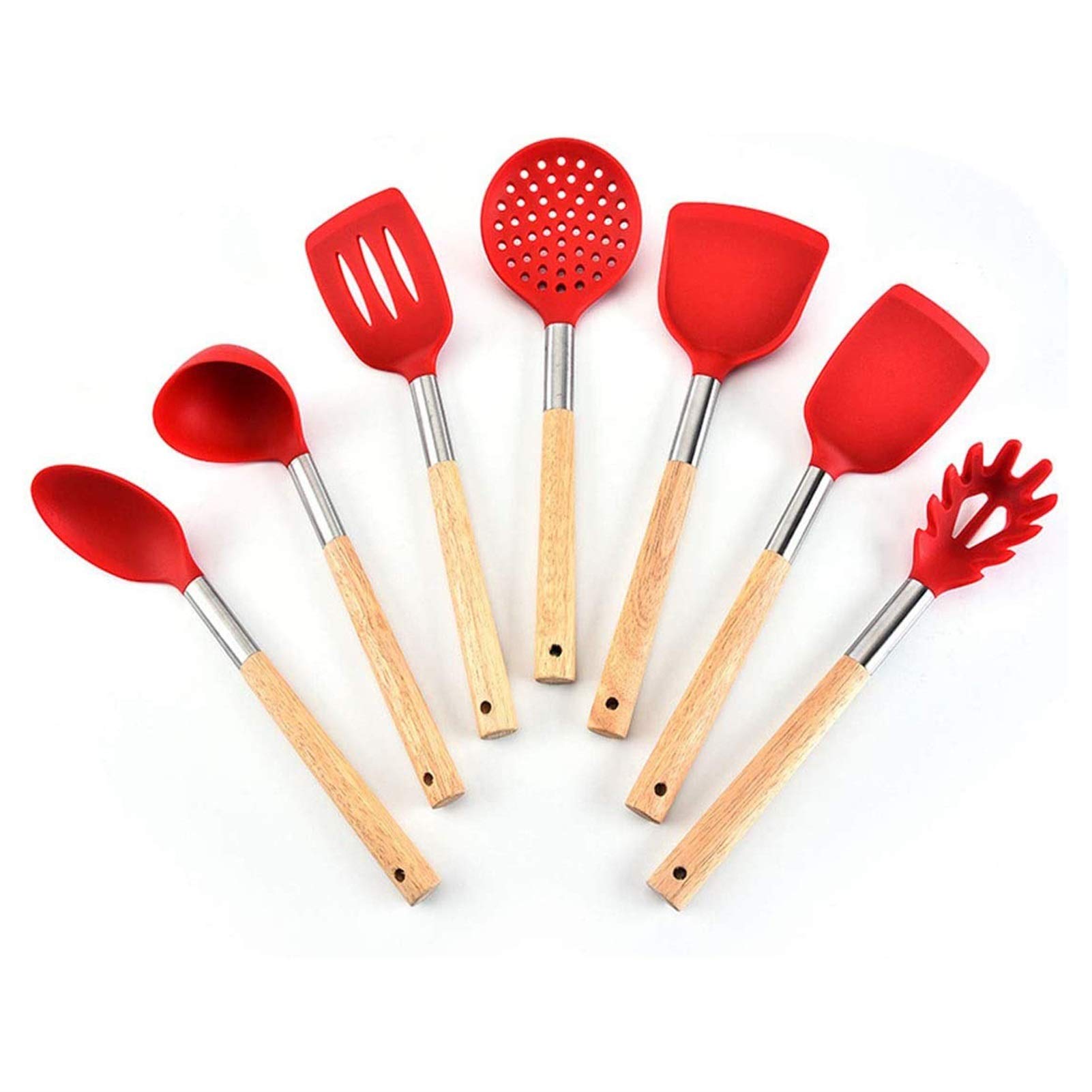 7-Piece Silicone Cooking Utensil Set with Wooden Handles - Nonstick Heat Resistant Kitchen Tools for Baking, Frying & Cooking - Gray Kitchen Gadgets for Nonstick Pans & Cookware