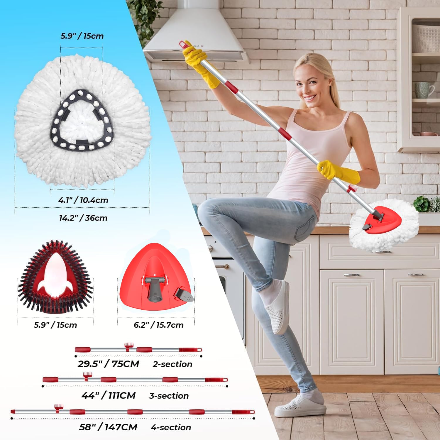 2 Pack Spin Mop Heads Replacement for O Cedar EasyWring 1Tank - Upgraded Microfiber Scrub Brush Refills with 4-Section Handle & Base Combo - Perfect for Hardwood Floors, Tile, and Kitchen Cleaning