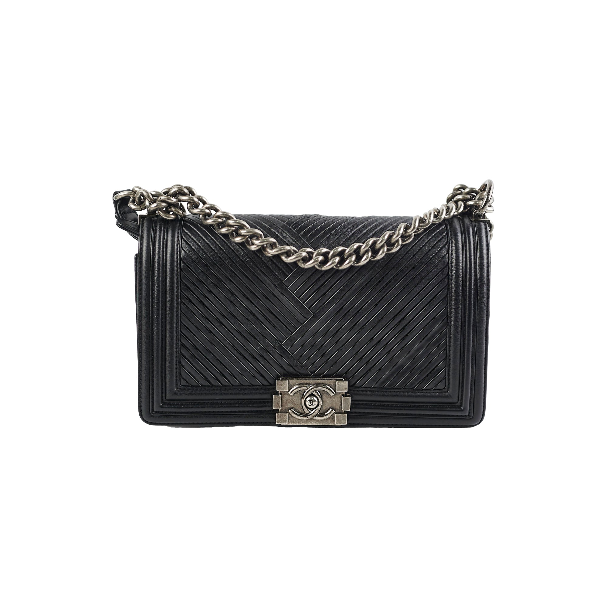 Chanel Old Medium Boy Chevron Black Leather Shoulder Bag - Luxury Designer Handbag for Women, Perfect for Parties, Work & Everyday Use