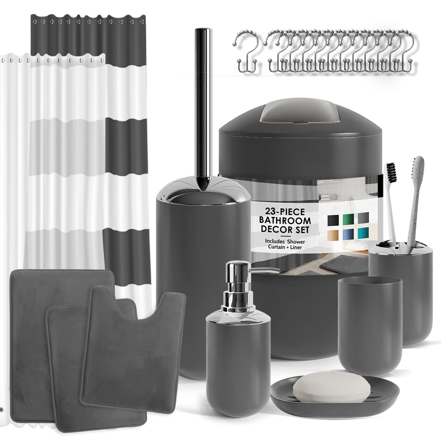 Clara Clark 23PC Gray Bathroom Set - Shower Curtain & Accessories for Modern Bathrooms