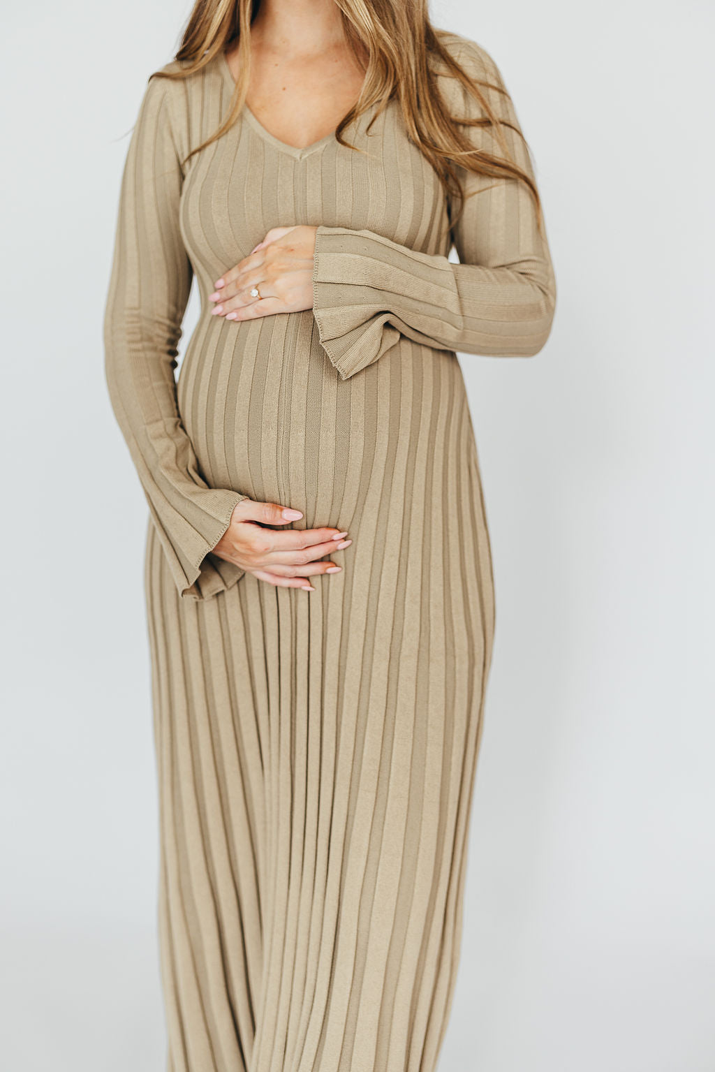 Hadley Long Sleeve V Neck Knit Maxi Dress for Women - Elegant Dune Color, Flowy Boho Style, Comfortable Stretchy Fabric | Perfect for Fall, Winter, Date Night, Office Wear and Special Occasions