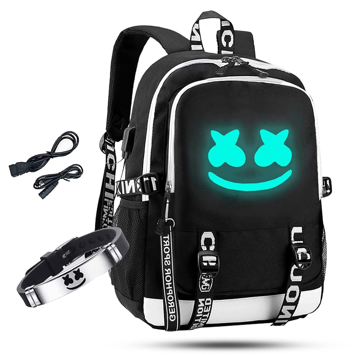PIESWEETY USB Charging Backpack with LED Smile Light & Free Bracelet - Waterproof Laptop Backpack for School, College, DJ, Travel - Large Black Daypack for Men & Women - Perfect for Commuting, Hiking & Music Festivals