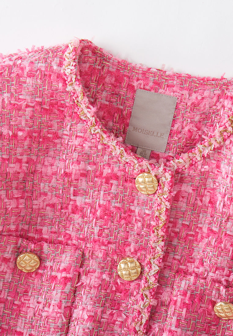 Stylish Pink Mixed Tweed Jacket with Braided Trim & Patch Pockets - Perfect for Office Wear, Date Nights & Fall Fashion