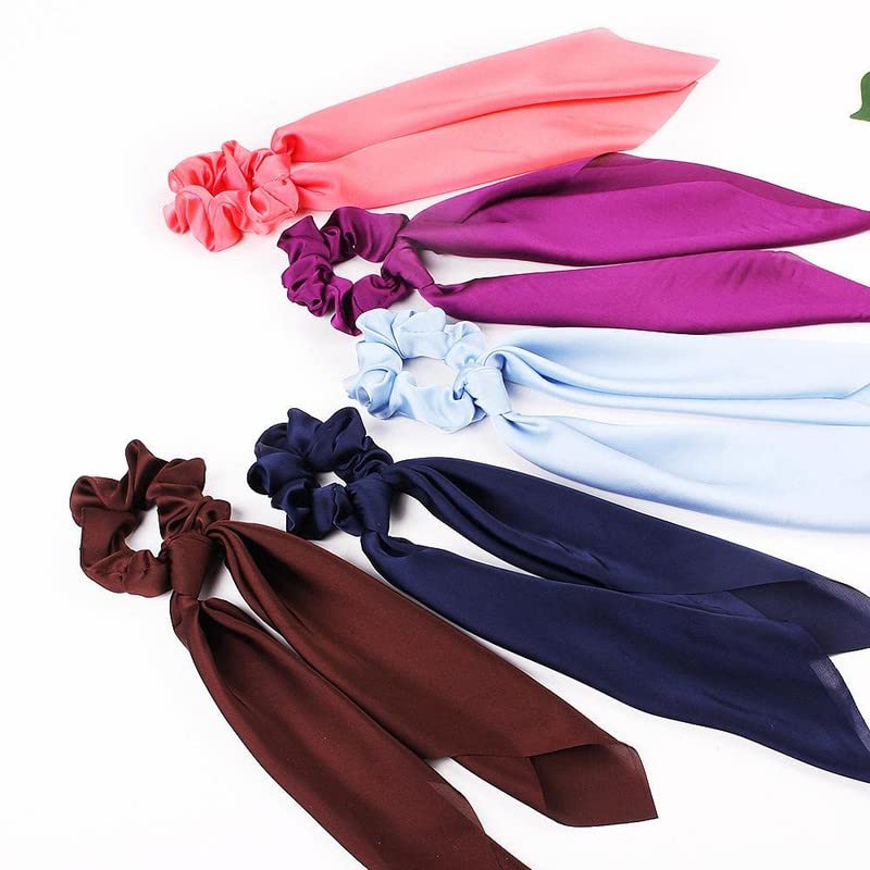 CHRONEX 8-Piece Satin Chiffon Hair Bows Set - Long Tail Elastic Ribbon Headbands, Scarf Scrunchies & Ponytail Holders for Women Girls (Elegant Bowknot Design) - Perfect for Parties, Weddings, School Events & Daily Hair Accessories