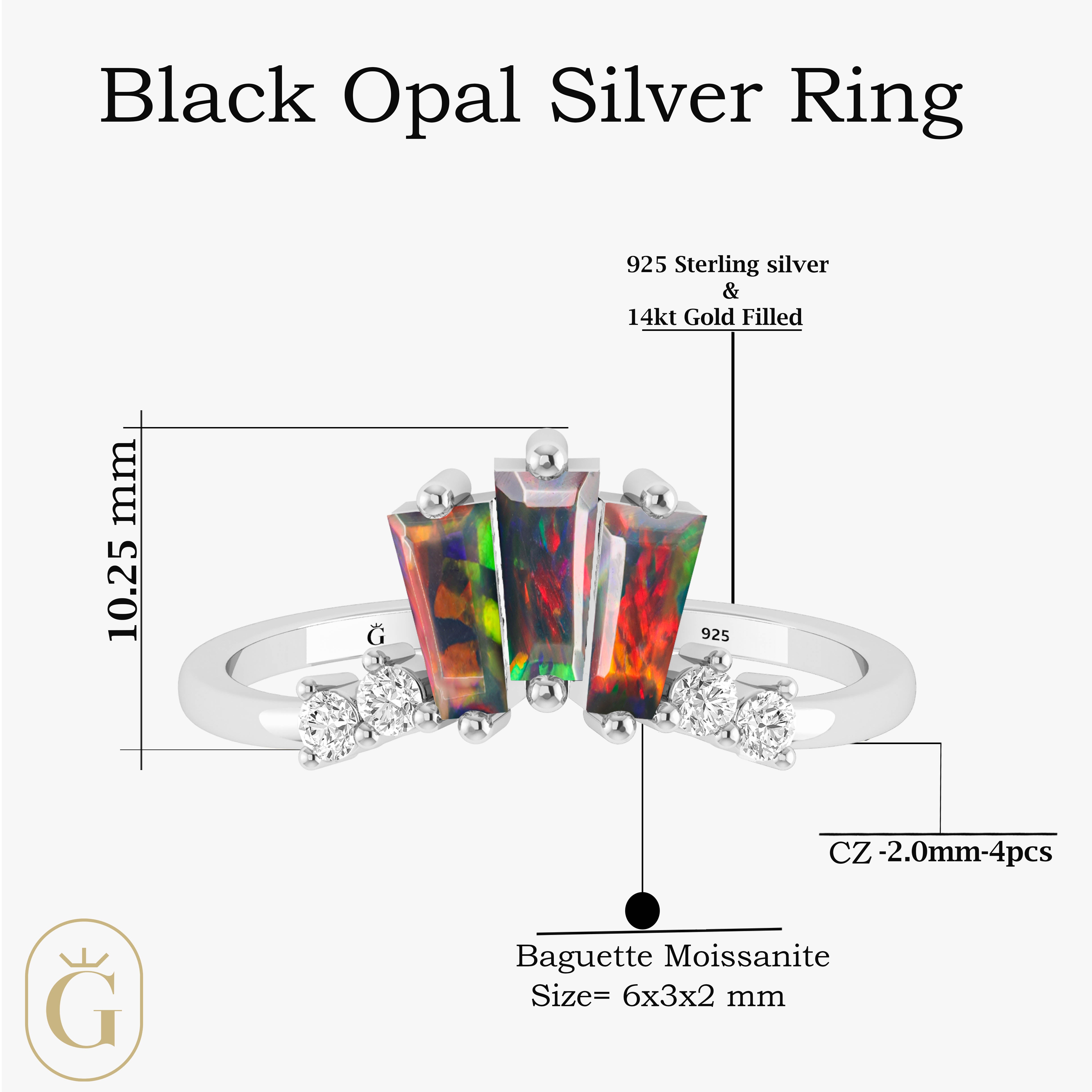 Black Opal Baguette Ring with CZ Stones - Elegant Vintage Style Jewelry for Women, Perfect for Weddings, Anniversaries & Special Occasions