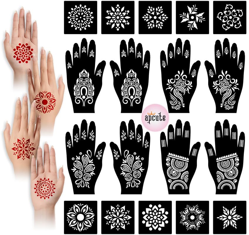 APcute Temporary Henna Tattoo Stickers - Set of 18 Easy Mehndi Designs for Hands | DIY Body Art for Women, Girls & Kids | Simple 4-Step Application | Perfect for Weddings, Festivals & Parties