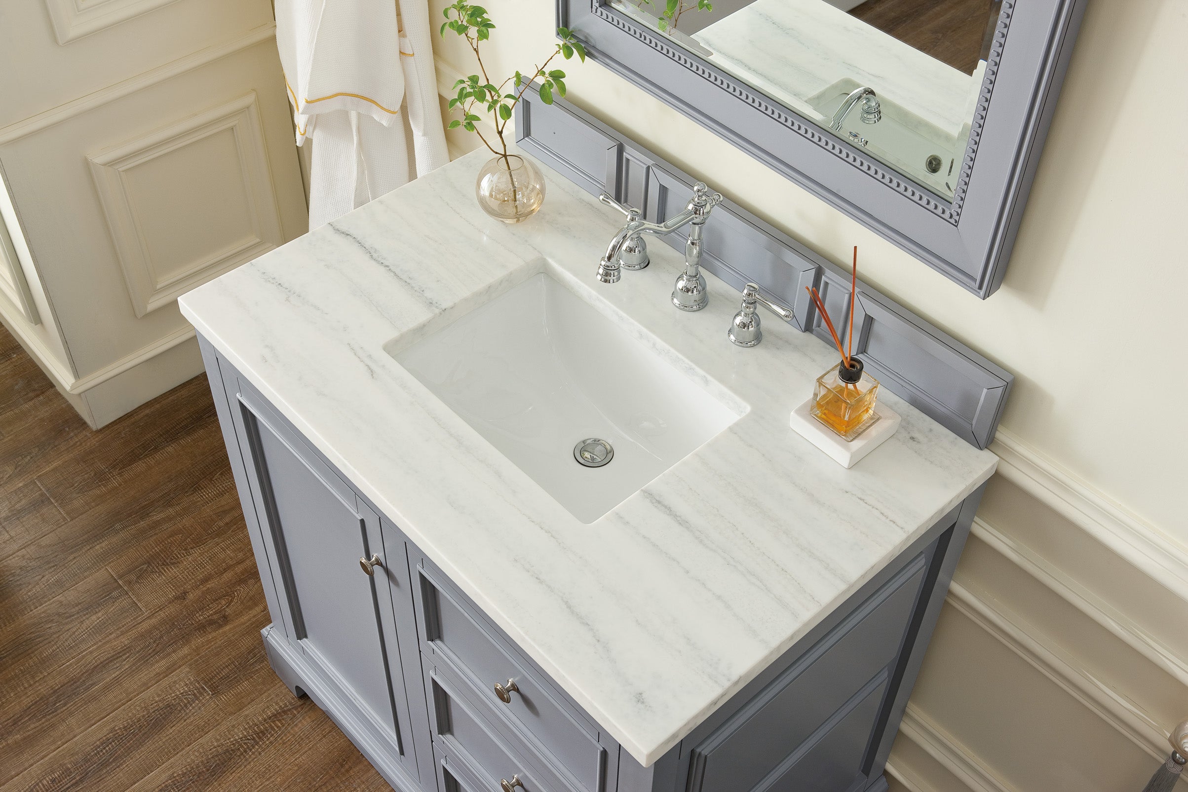 De Soto 36 Inch Single Bathroom Vanity with 3CM Arctic Fall Solid Surface Top in Silver Gray - Perfect for Modern Home & Apartment Bathroom Remodeling