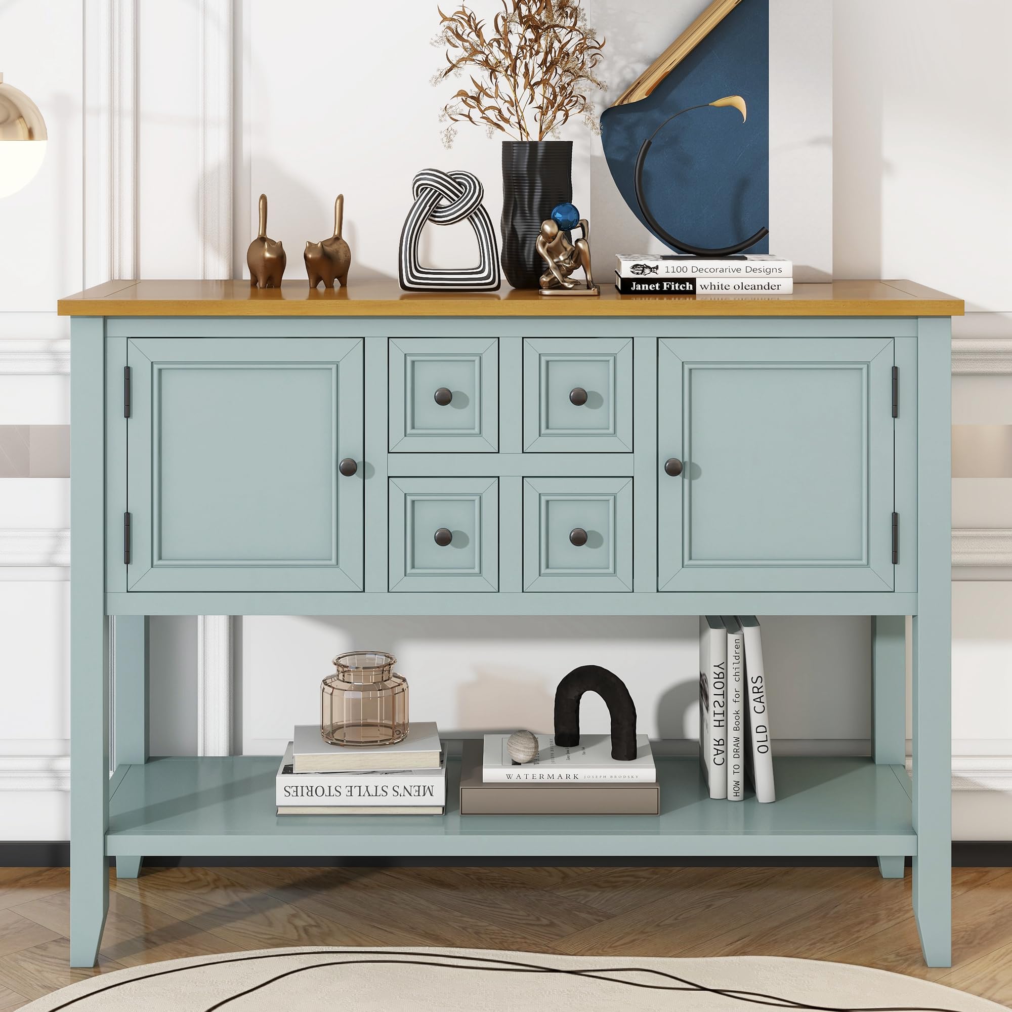 Vintage Wood Console Table with 4 Drawers & 2 Cabinets - Antique White Buffet Sideboard for Entryway, Hallway, or Foyer - 46