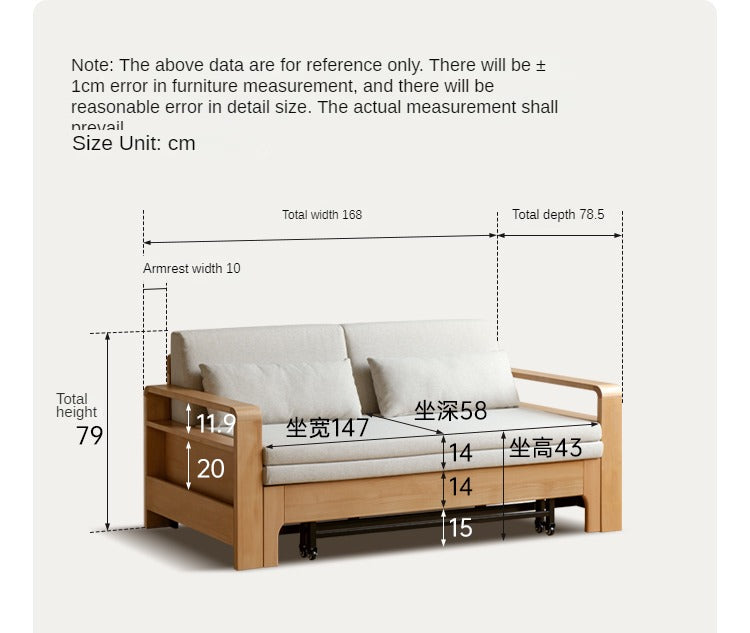Solid Wood Sleeper Sofa - Beech & Oak Multi-Functional Convertible Sofa Bed for Living Room, Guest Room & Small Spaces