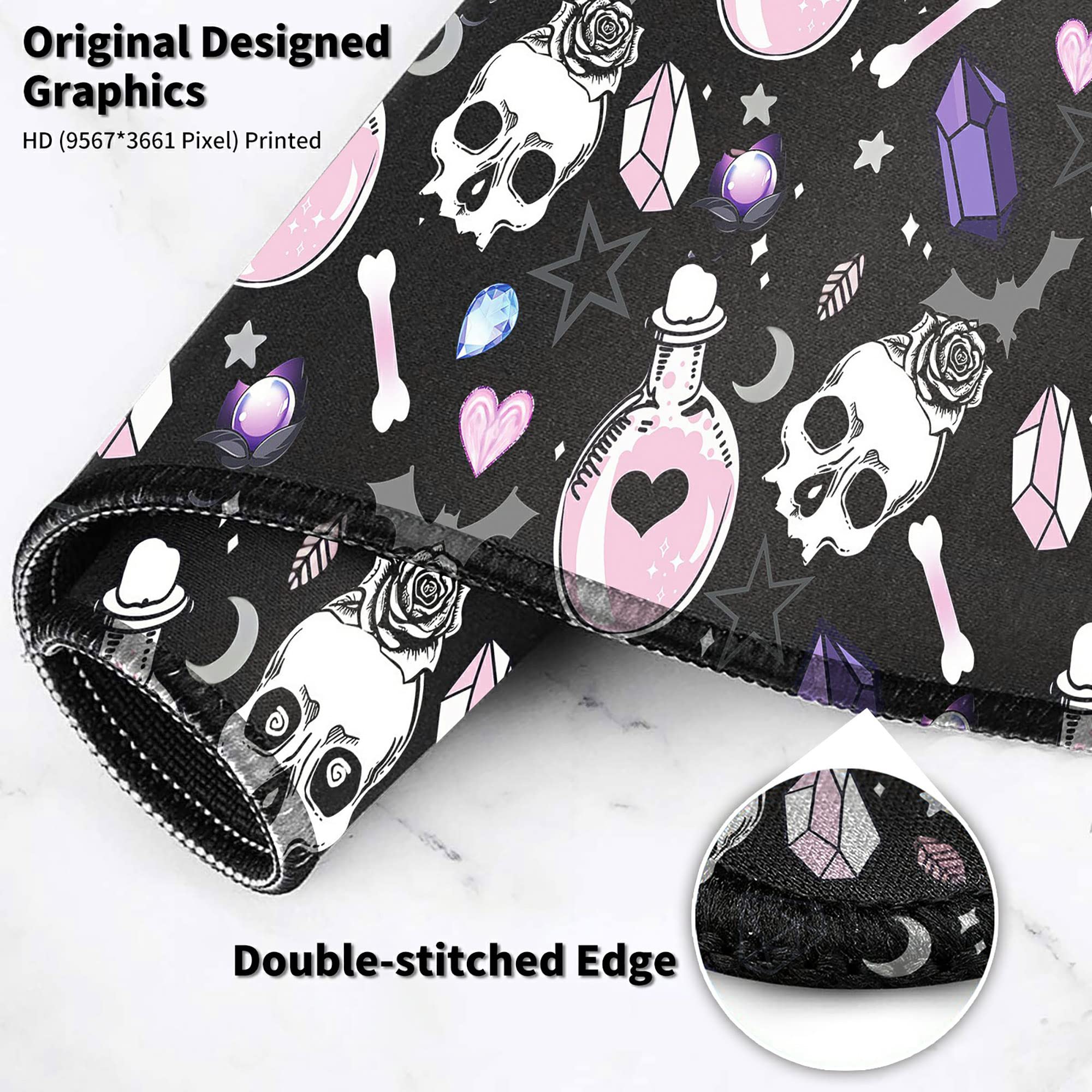 Large Skull Goth Magic Witchy Theme Mouse Pad with Coaster - 35.4x15.7 Inch XXL Gaming Mousepad, Stitched Edges Desk Mat for Office, Home & PC Setup | Perfect for Gaming, Workstations & Aesthetic Desk Decor
