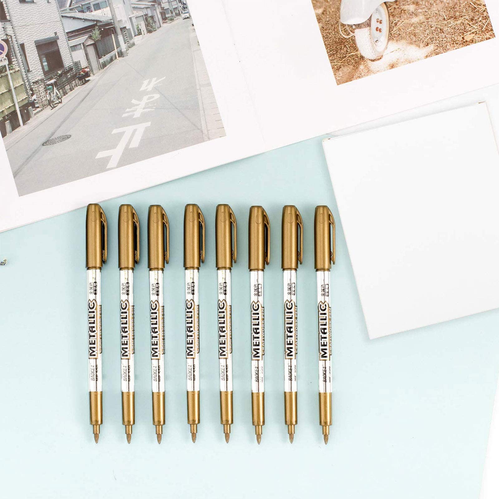 Whaline 8-Piece Metallic Gold Permanent Marker Pens Set - Fine Tip Drawing Pens for Card Making, Scrapbooking, Art Crafts, Wedding Guest Books & DIY Projects - Perfect for School, Office & Creative Gift Giving